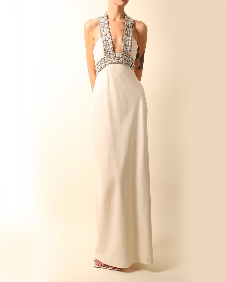 Azzaro white ivory crystal embellished low cut out halter neck dress gown 36 For Sale 2