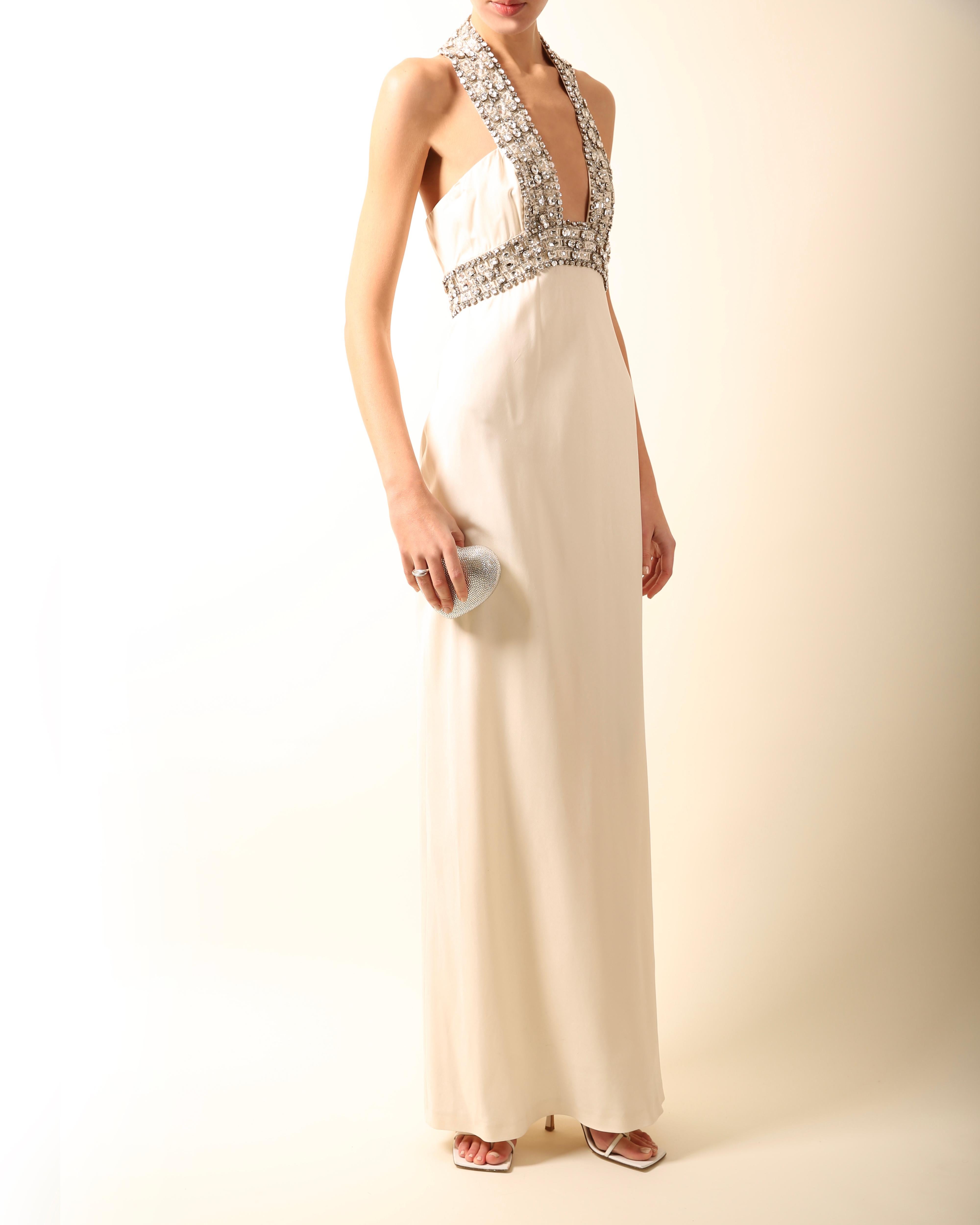 Women's Azzaro white ivory crystal embellished low cut out halter neck dress gown 36