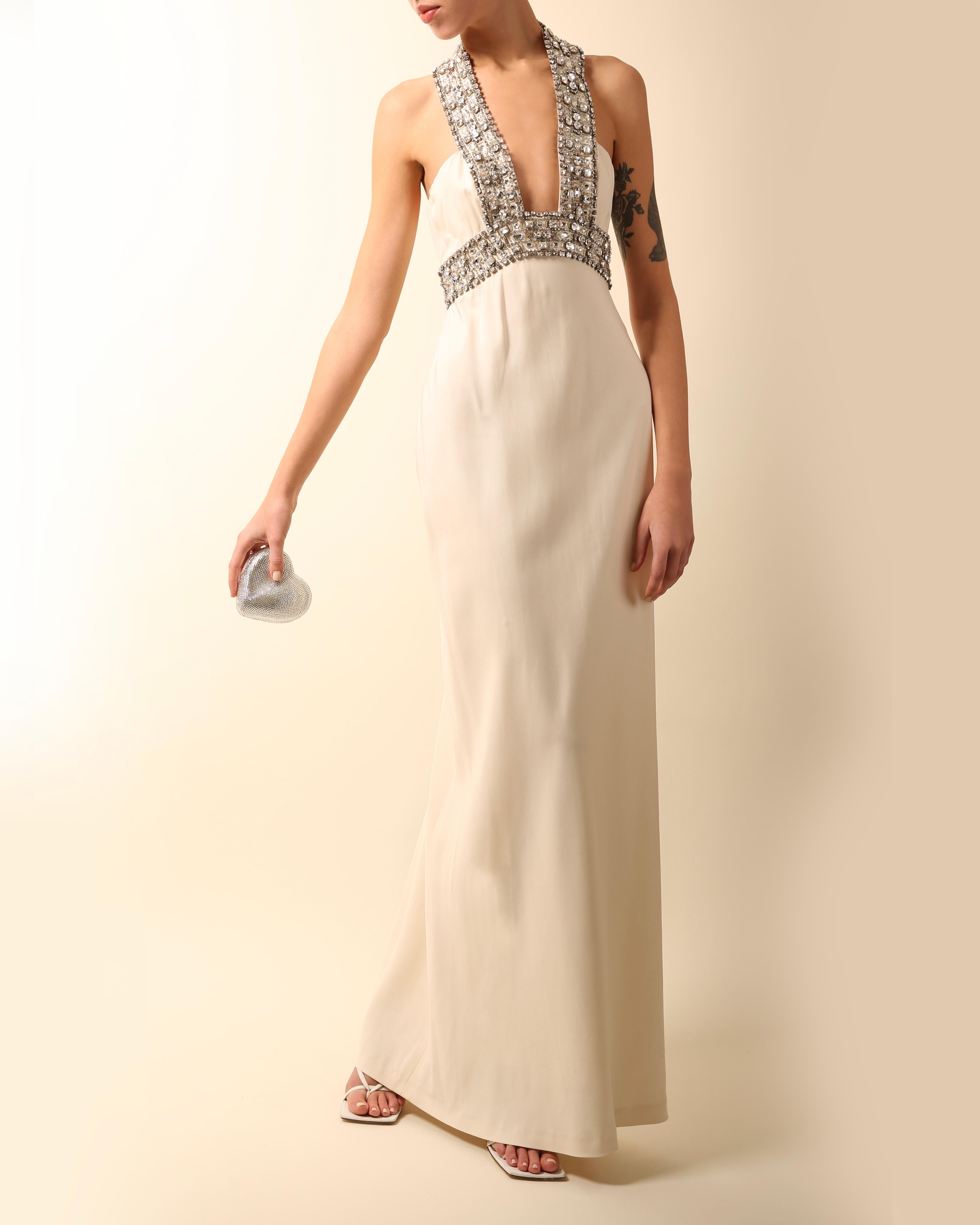 Azzaro white ivory crystal embellished low cut out halter neck dress gown 36 1