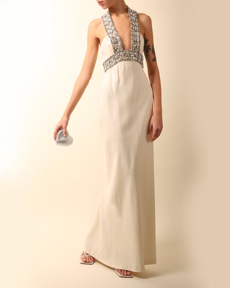 Azzaro white ivory crystal embellished low cut out halter neck dress gown 36 For Sale 4