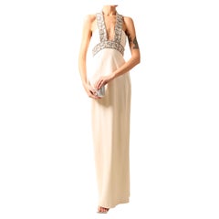 Azzaro white ivory crystal embellished low cut out halter neck dress gown 36