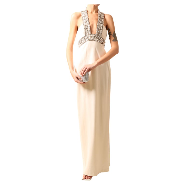 Azzaro white ivory crystal embellished low cut out halter neck dress gown 36 For Sale