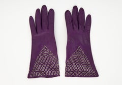 Azzedine Alai Plum Leather Gloves with Gold-Tone Grommets, Circa: 1980's
