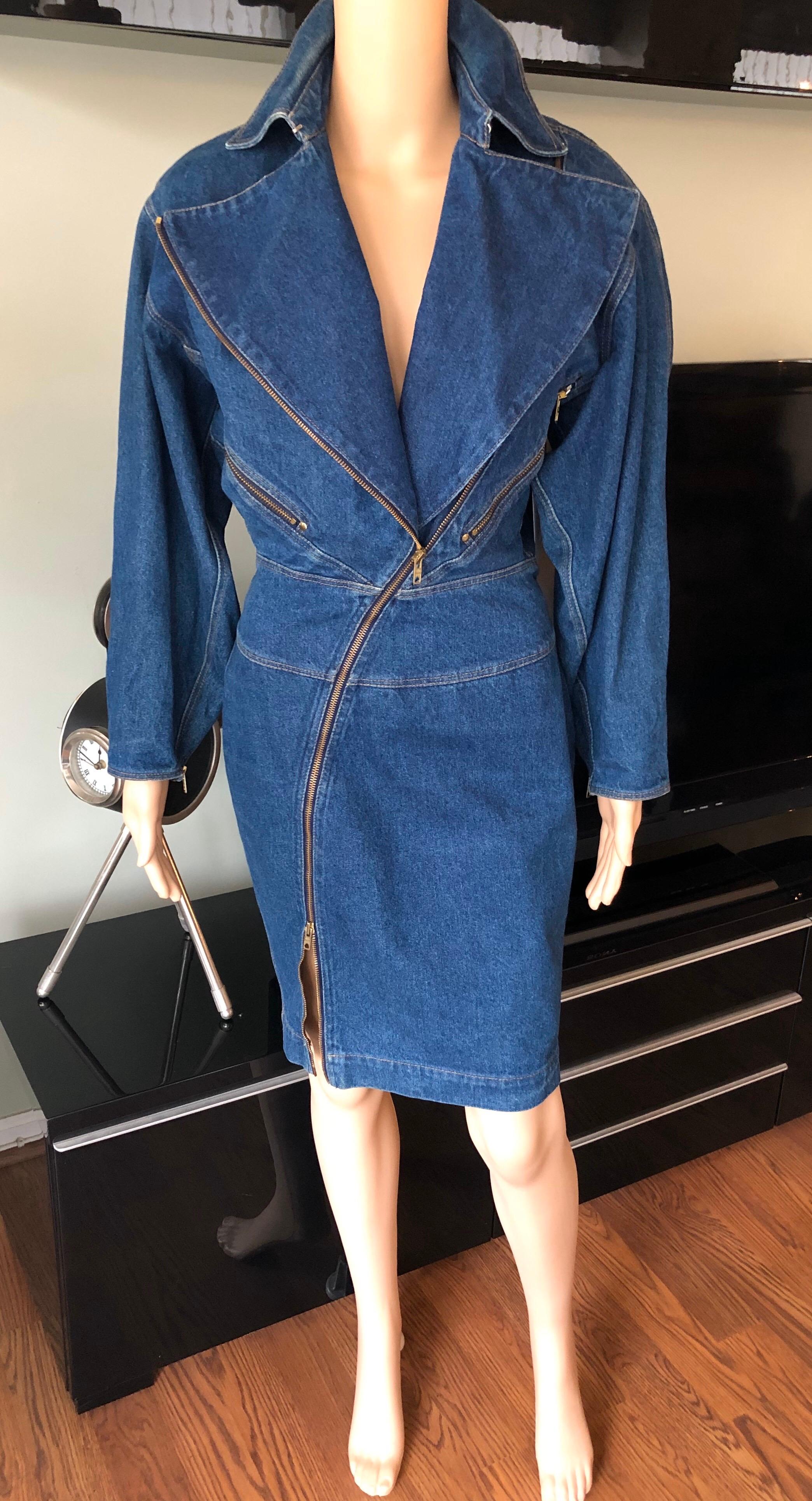 Azzedine Alaia 1980’s Vintage Motorcycle Zipper Denim Coat Dress 4