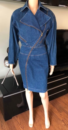 Azzedine Alaia 1980’s Vintage Motorcycle Zipper Denim Coat Dress