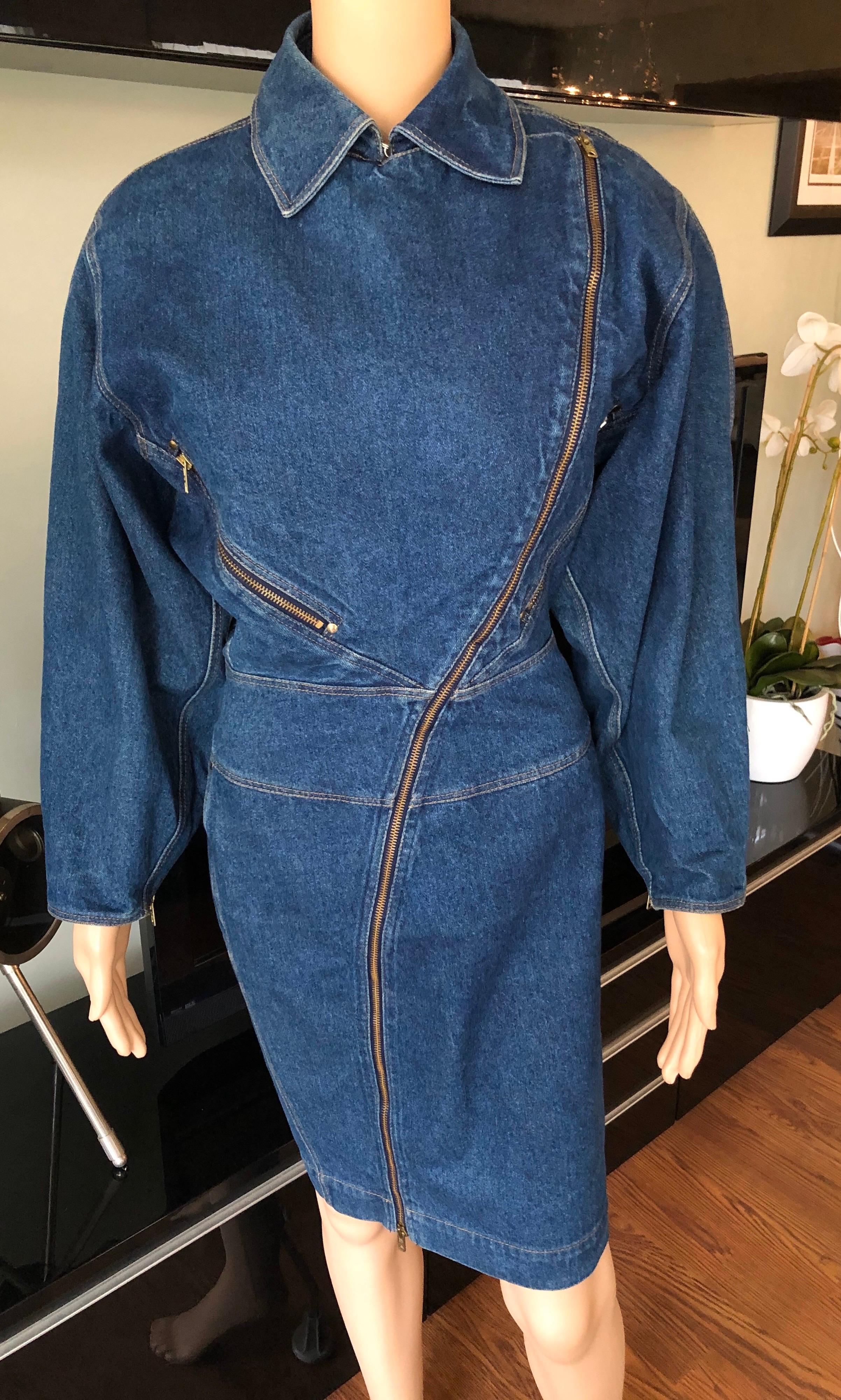 Blue Azzedine Alaia 1980’s Vintage Motorcycle Zipper Denim Coat Dress