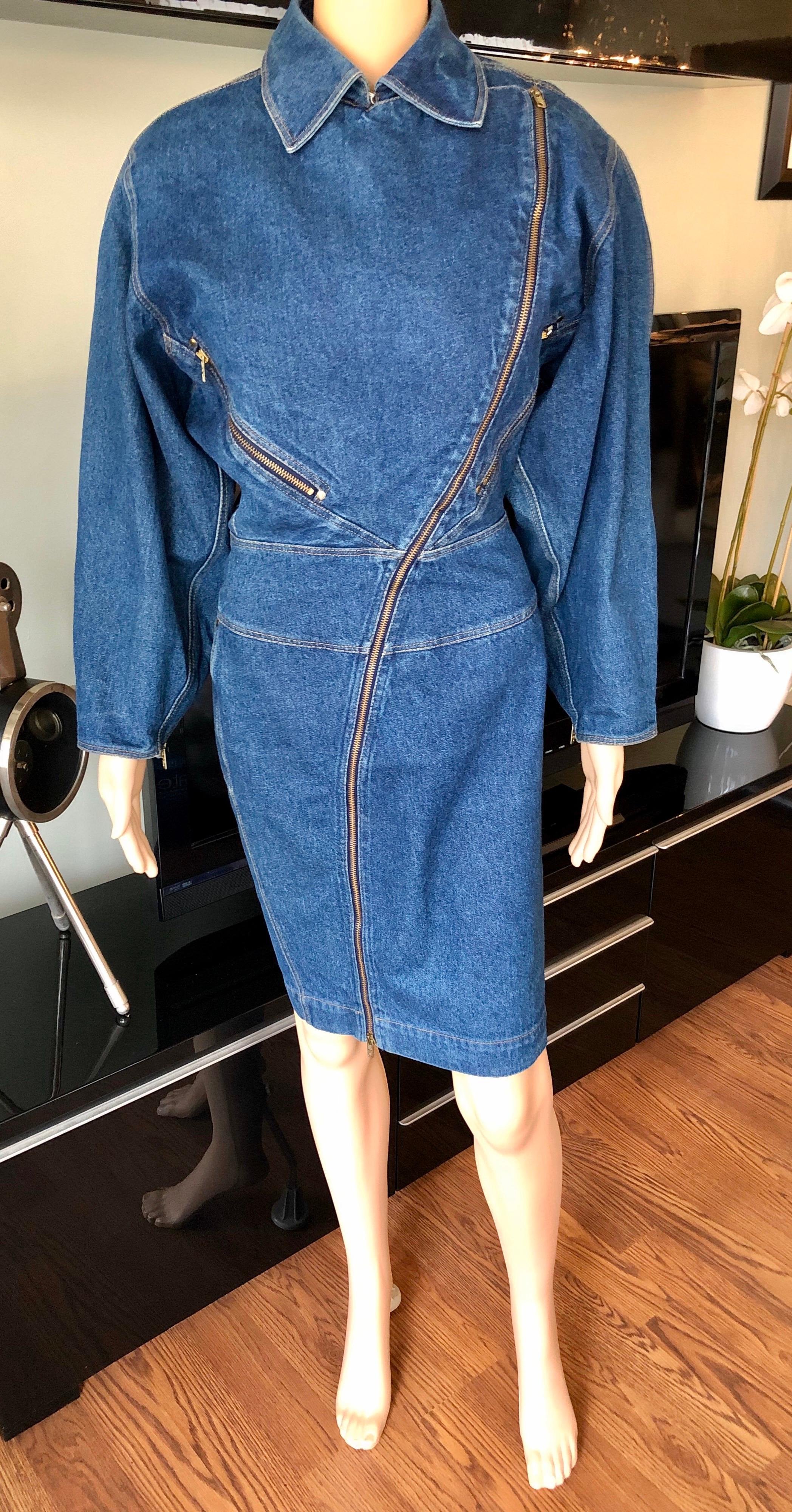 Azzedine Alaia 1980’s Vintage Motorcycle Zipper Denim Coat Dress In Good Condition In Naples, FL