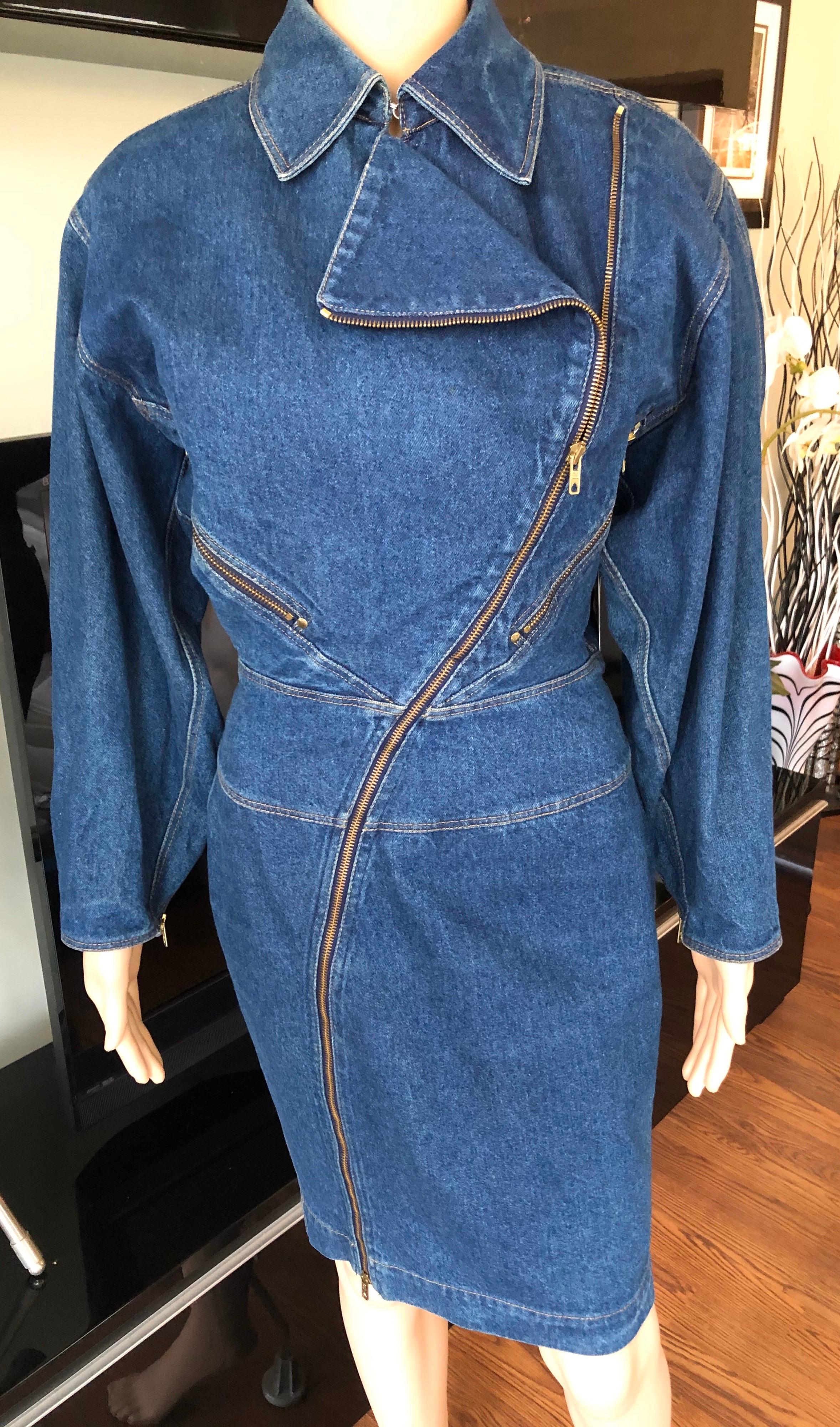 Women's or Men's Azzedine Alaia 1980’s Vintage Motorcycle Zipper Denim Coat Dress