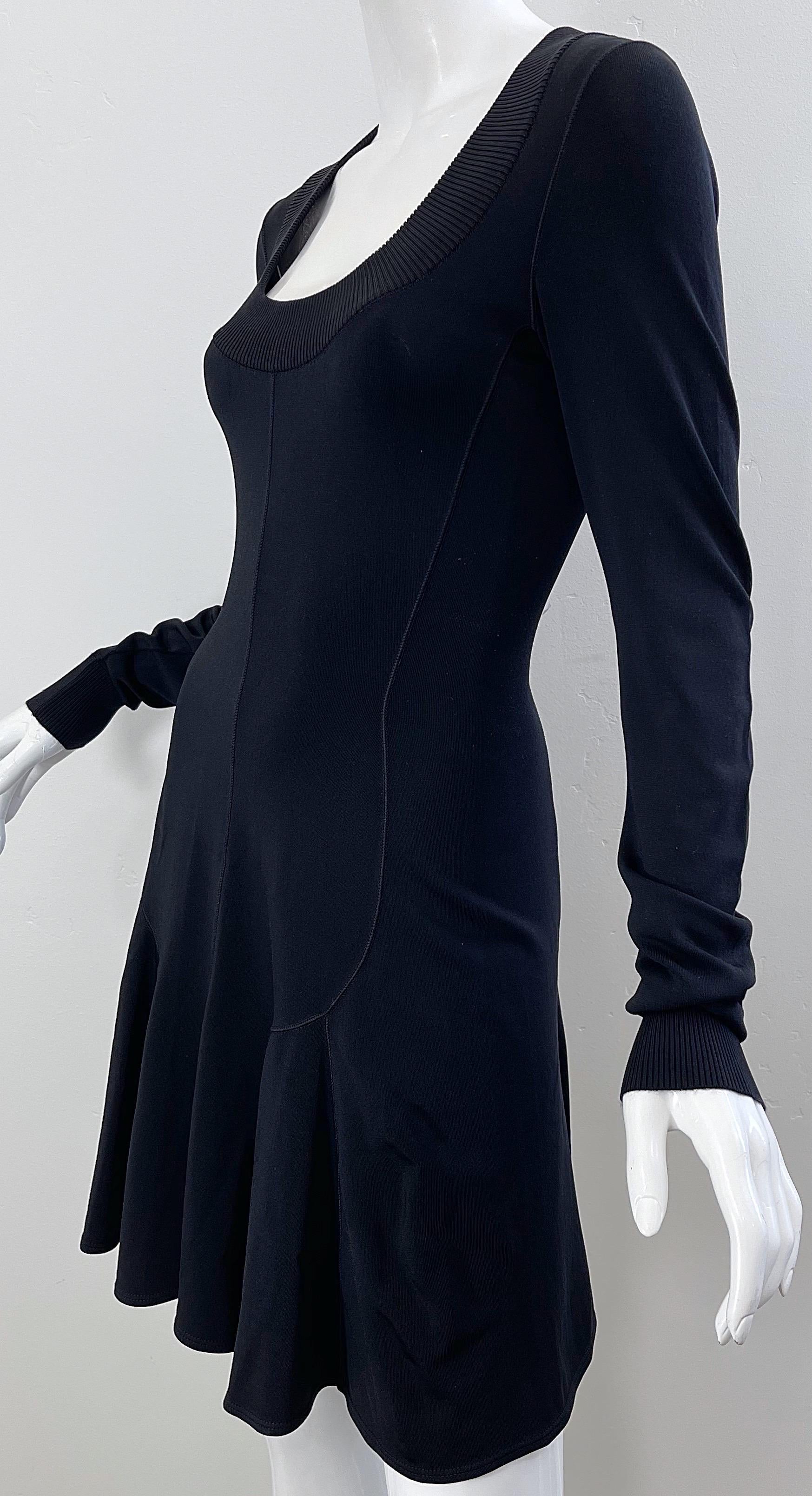 Azzedine Alaia 1990s Black Bodcon Long Sleeve Sz Medium Vintage 90s Skater Dress For Sale 3