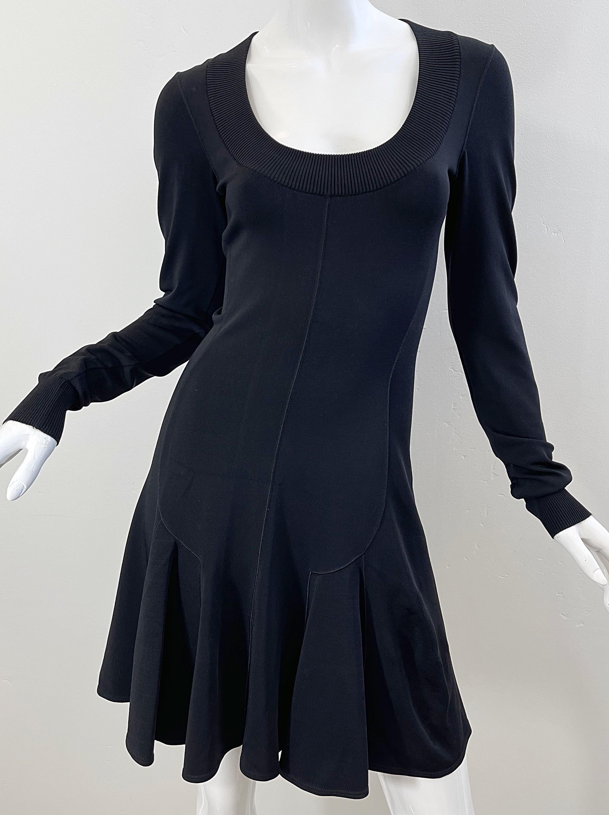 Azzedine Alaia 1990s Black Bodcon Long Sleeve Sz Medium Vintage 90s Skater Dress In Excellent Condition For Sale In San Diego, CA