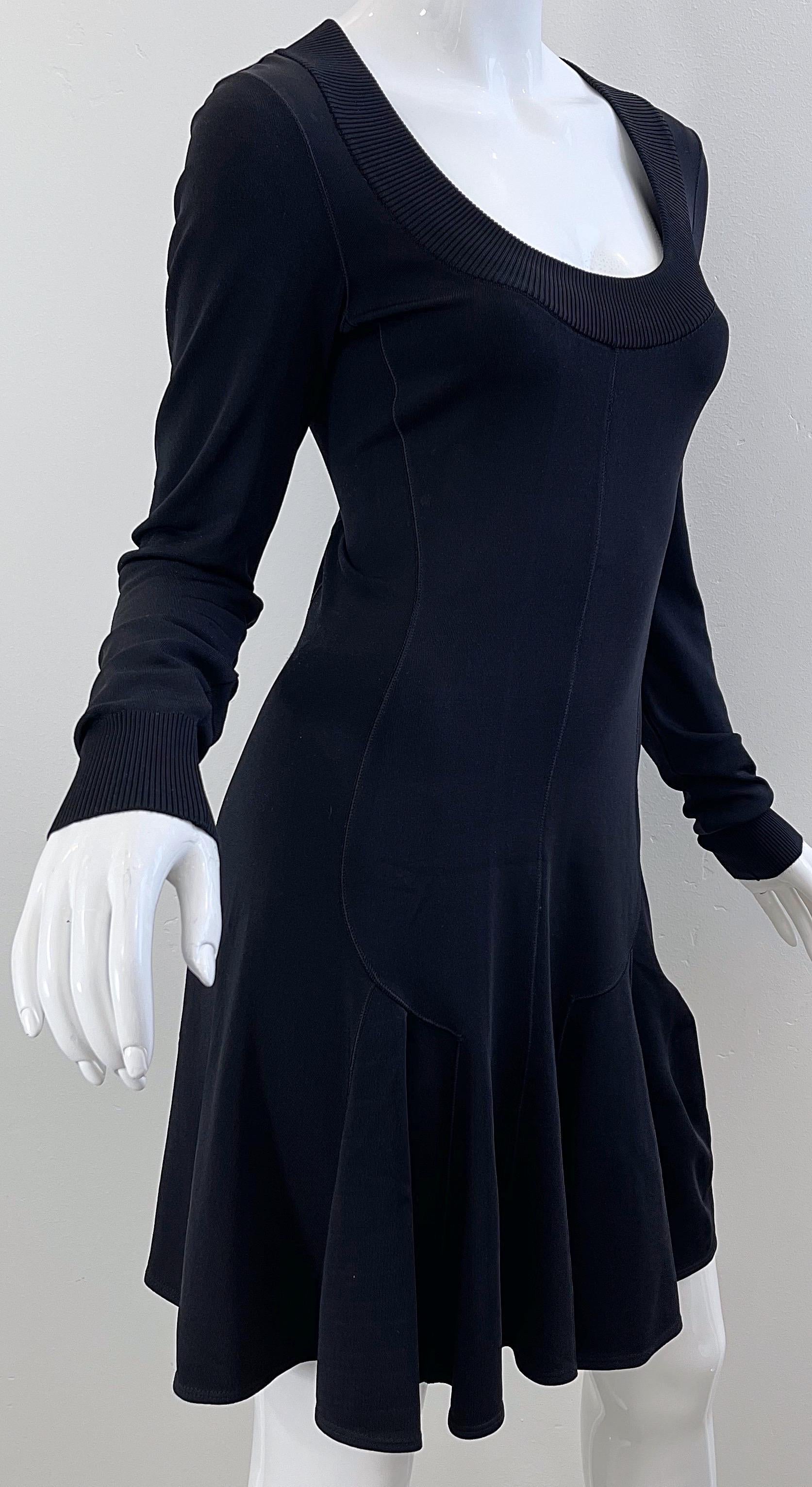 Azzedine Alaia 1990s Black Bodcon Long Sleeve Sz Medium Vintage 90s Skater Dress For Sale 1