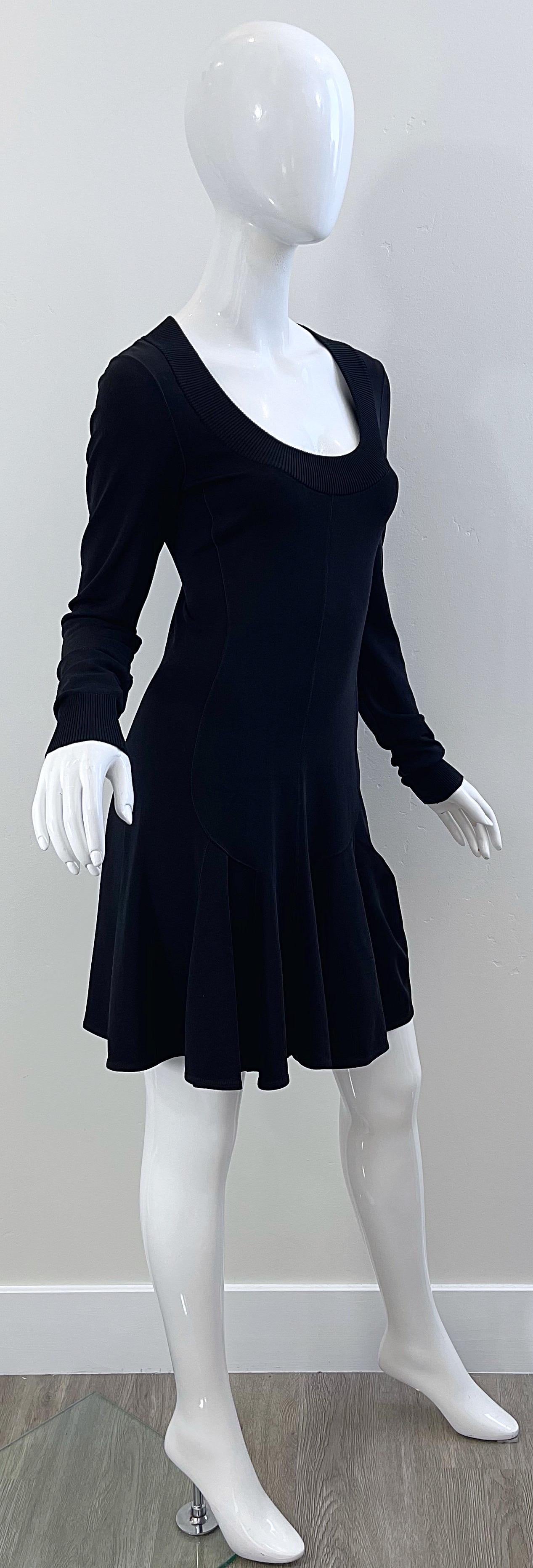 Azzedine Alaia 1990s Black Bodcon Long Sleeve Sz Medium Vintage 90s Skater Dress For Sale 2