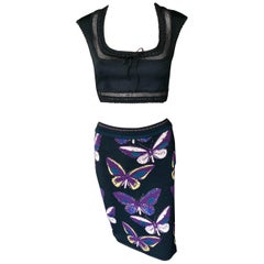 Azzedine Alaia 1990's Vintage Butterfly Skirt and Crop Top Ensemble 2 Piece Set 