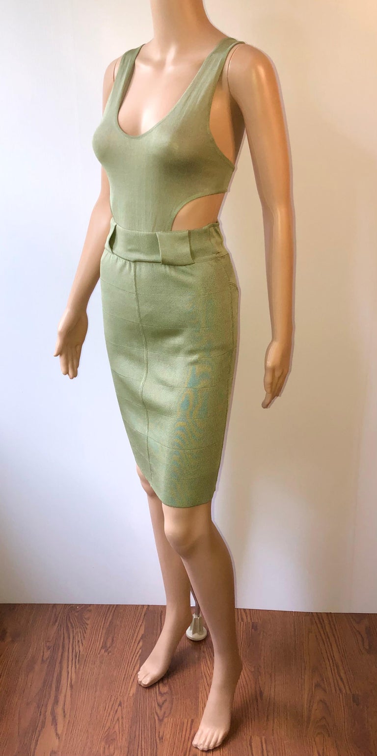 Azzedine Alaia 1990's Vintage Plunged Cutout Bodycon Green Dress For Sale  at 1stDibs