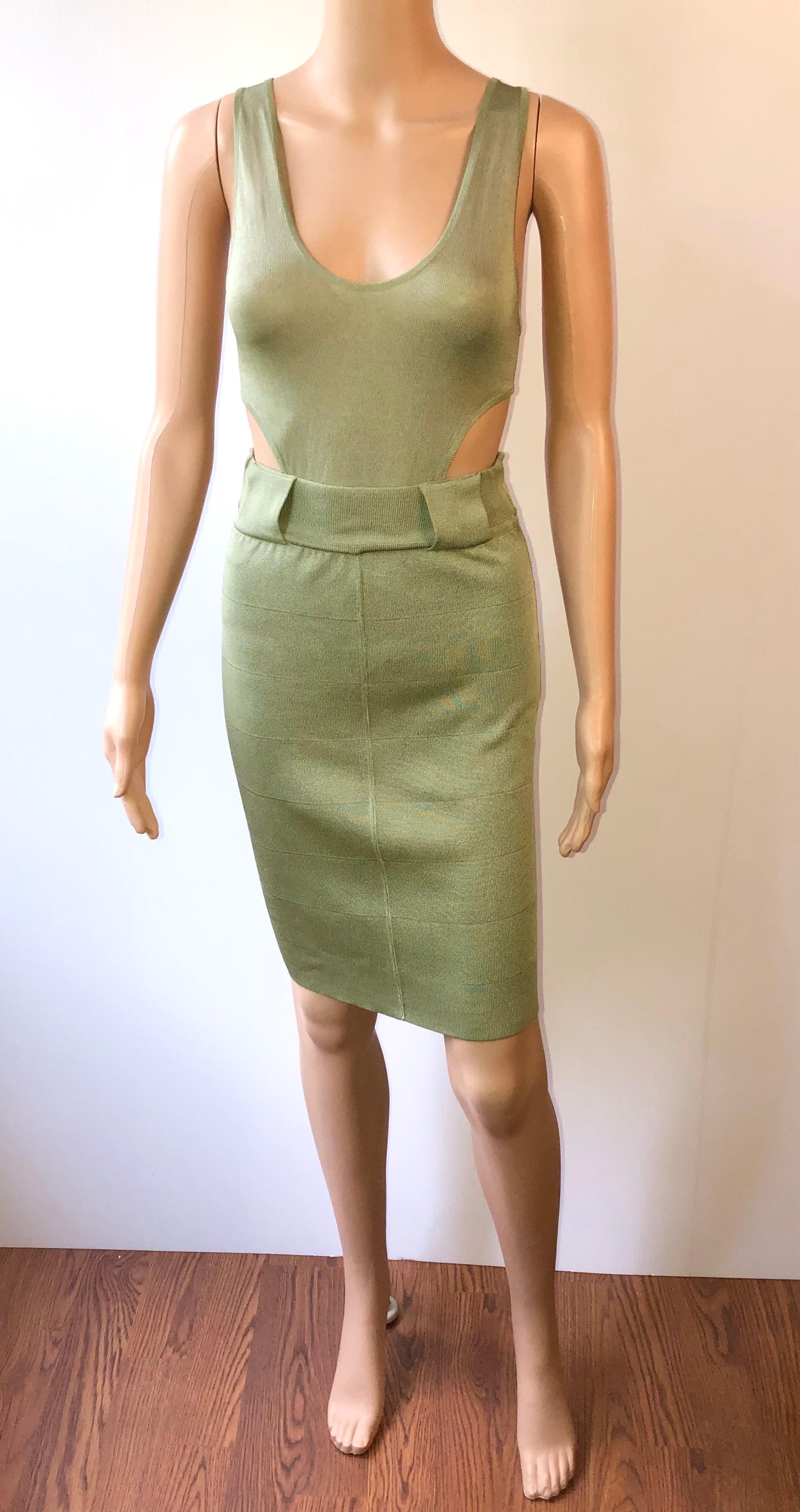 Beige Azzedine Alaia S/S 1985 Vintage Plunged Cutout Bodycon Green Dress For Sale