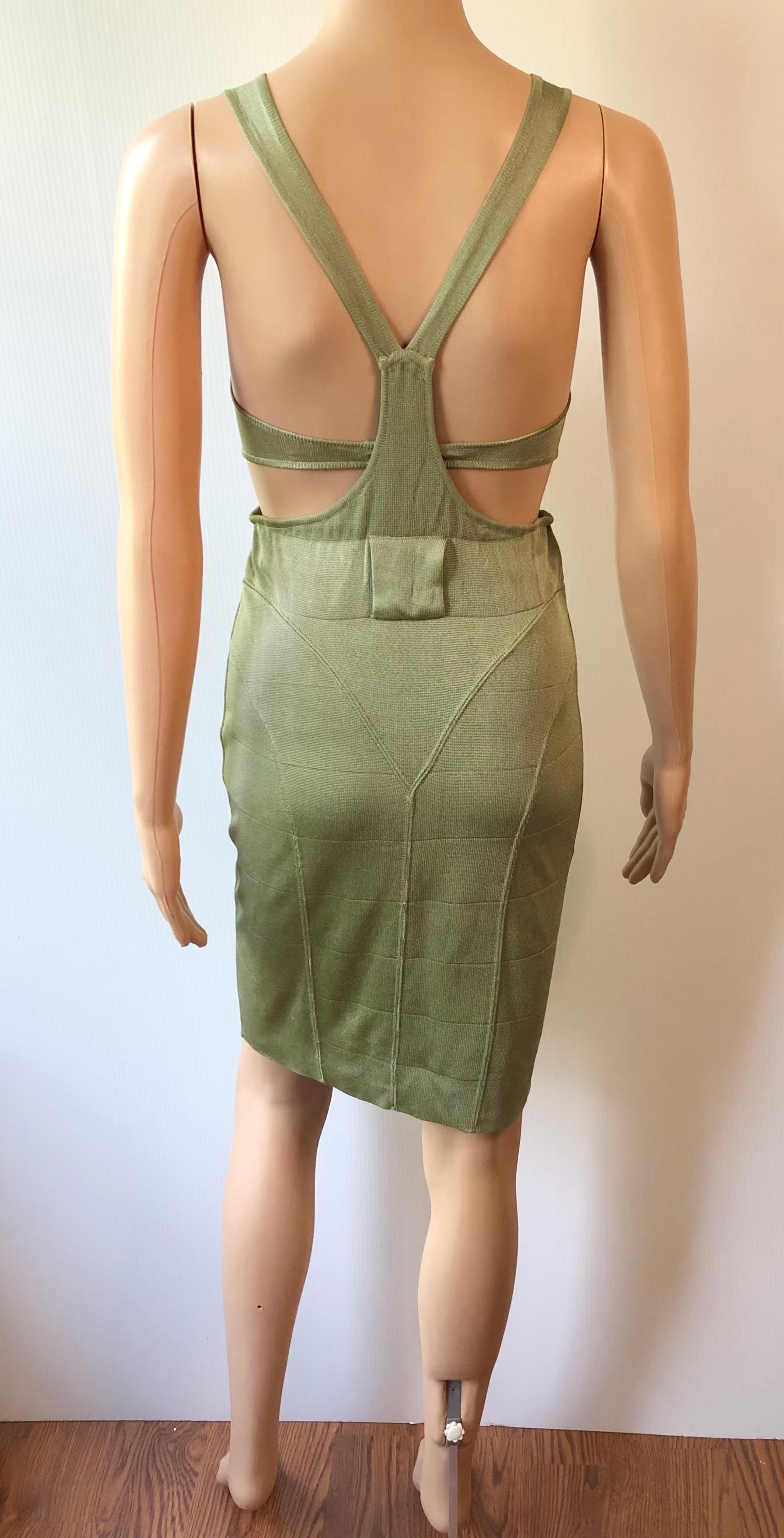 Azzedine Alaia S/S 1985 Vintage Plunged Cutout Bodycon Green Dress In Good Condition For Sale In Naples, FL