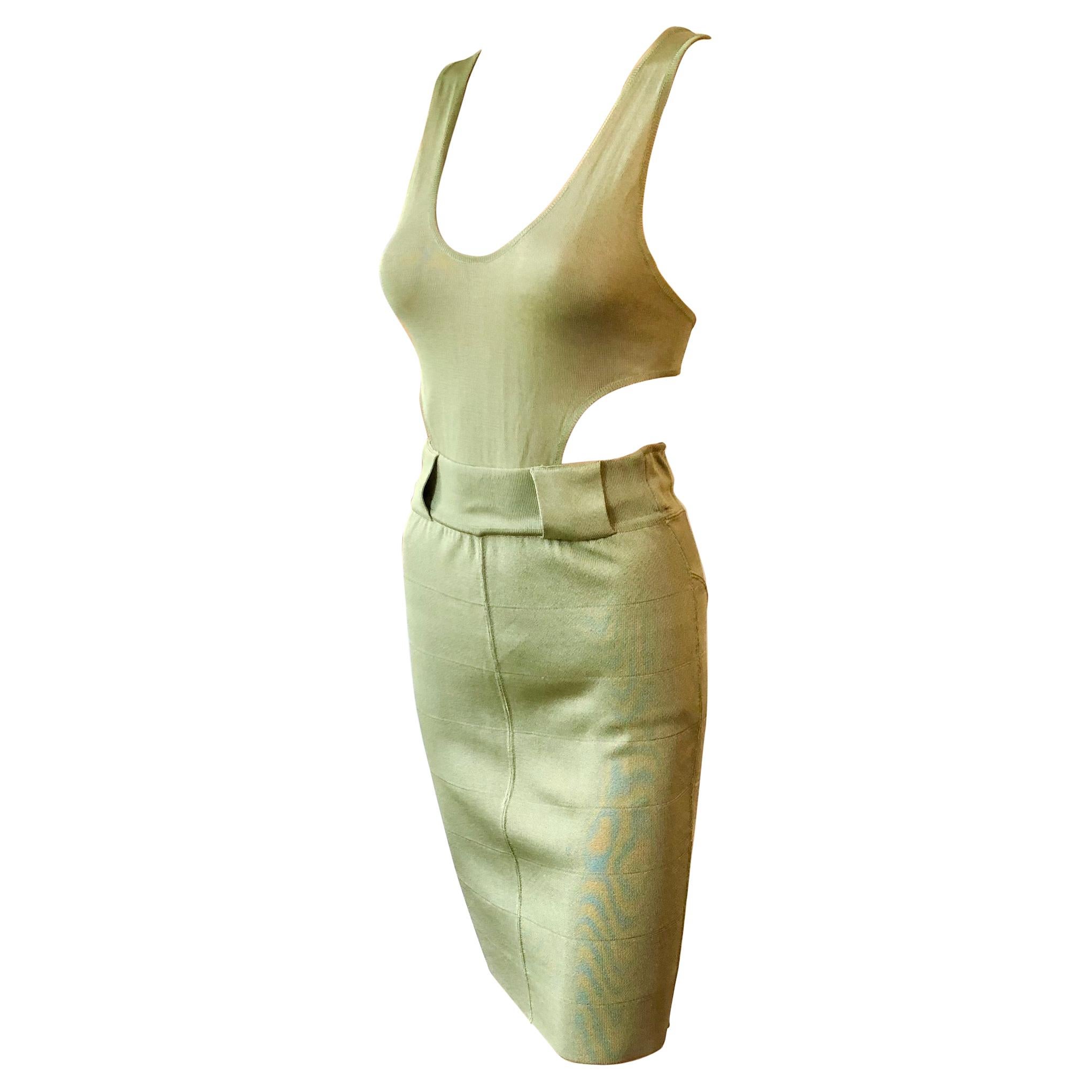 Azzedine Alaia 1990's Vintage Plunged Cutout Bodycon Green Dress
