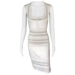 Azzedine Alaia c. 1993 Vintage Semi-Sheer Crochet Knit Ivory Dress