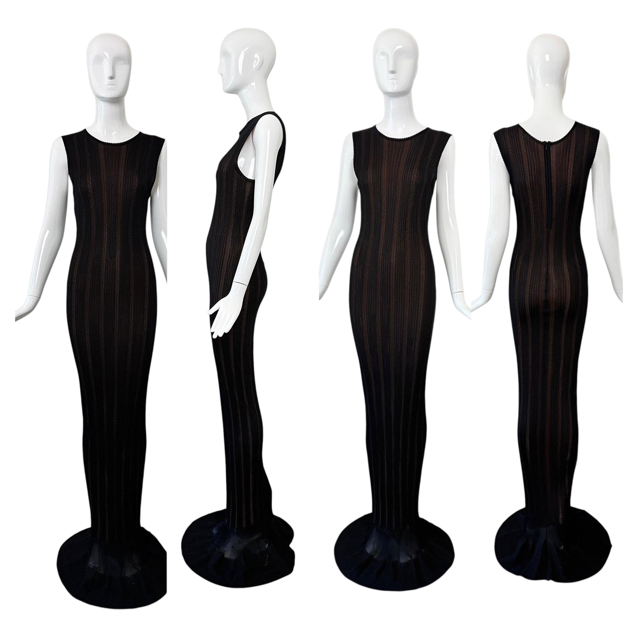 AZZEDINE ALAIA 1996 Vintage Iconic Extra Long Pointelle Knit Mermaid Maxi Gown