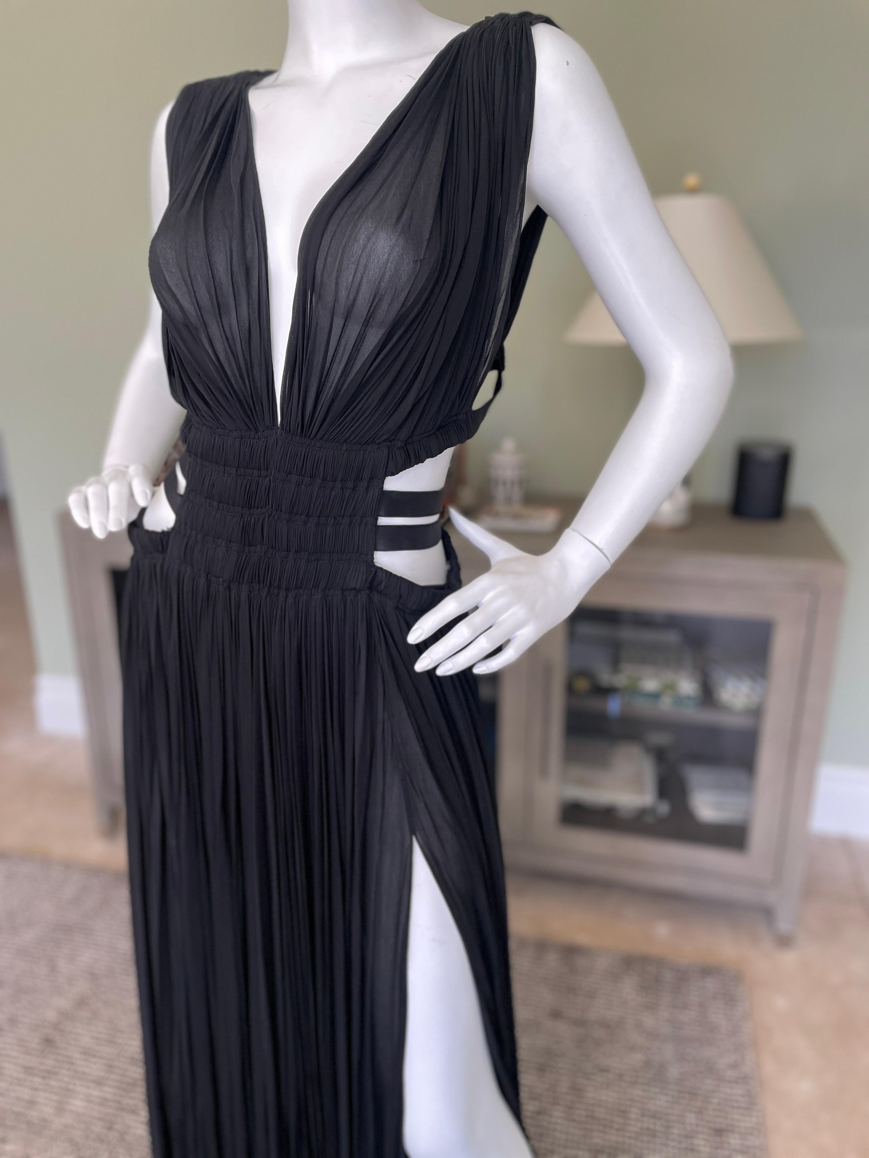 Women's Azzedine Alaia 2004 Semi Sheer Black Pleated Goddess Gown with Side Straps For Sale