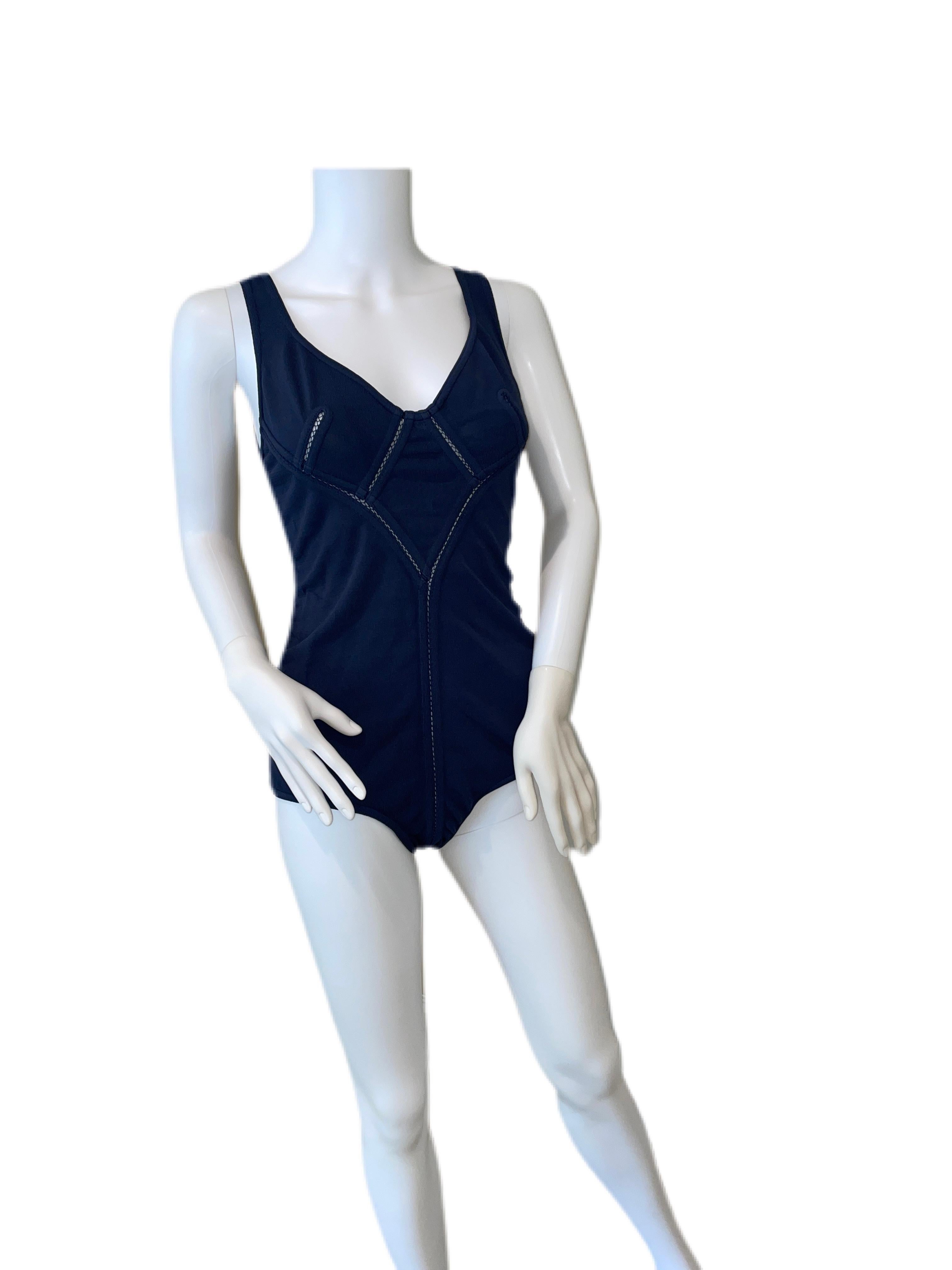 Vintage 1988 Azzedine Alaia sleeveless navy blue open stitch detail bodysuit. Size Medium with lots of stretch. Truly no flaws.