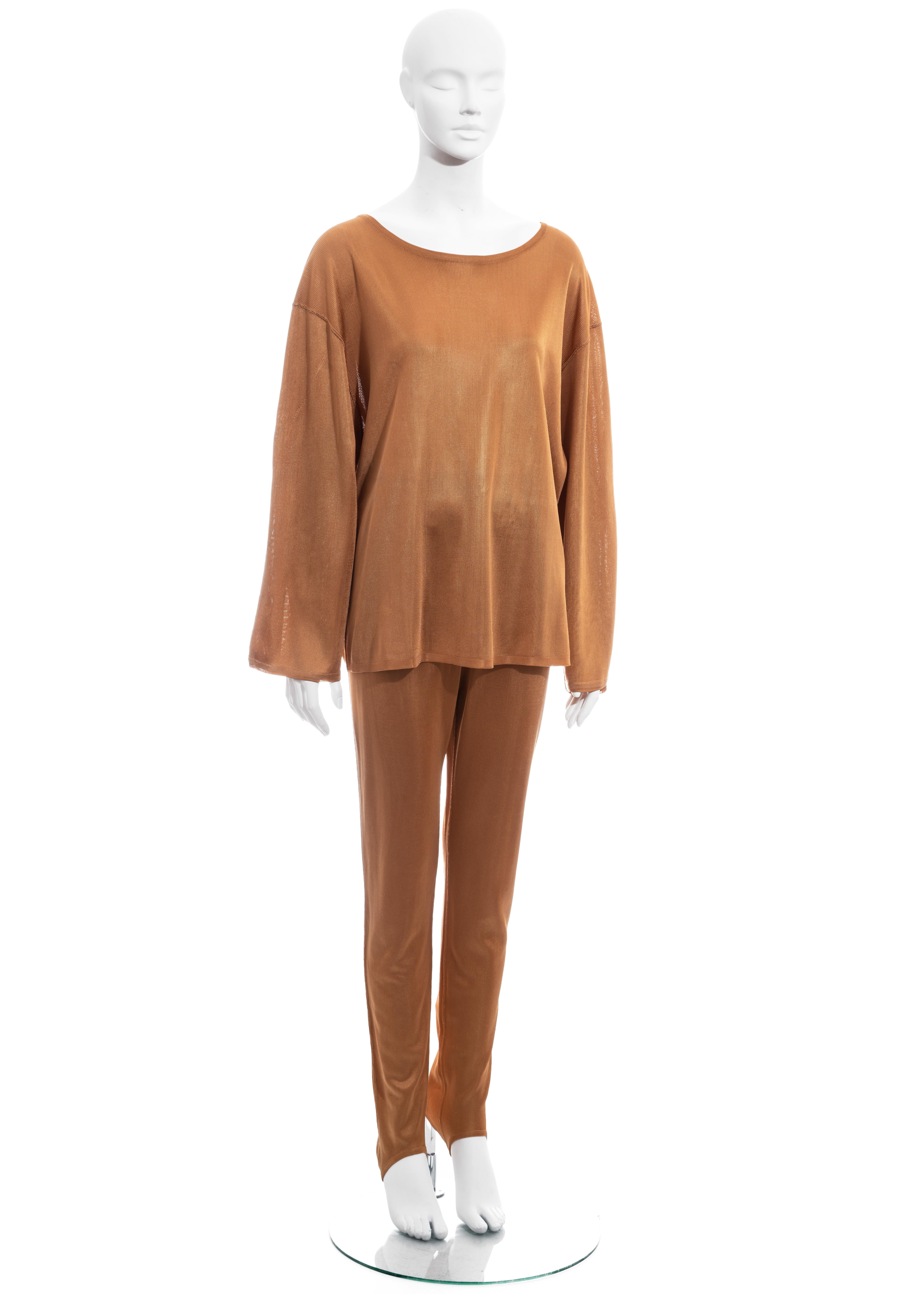 Marrone Azzedine Alaia, abito con pantalone a staffa in acetato color albicocca, collezione 1985 in vendita