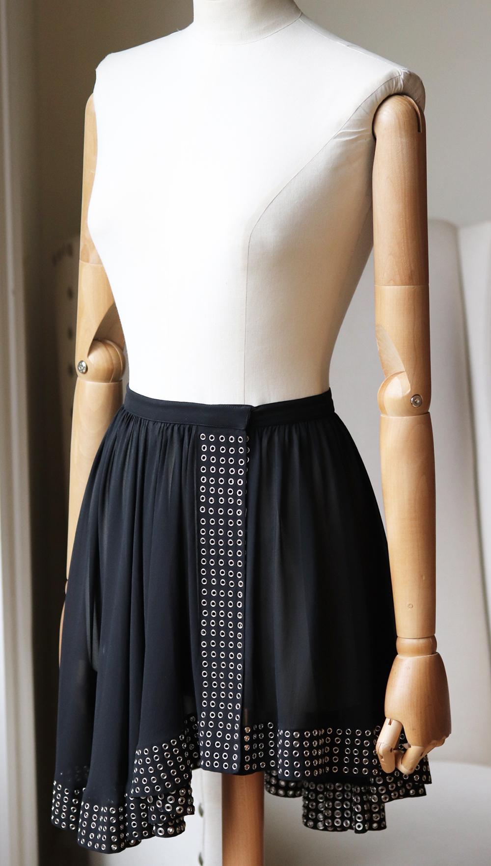 Black Azzedine Alaïa Asymmetric Eyelet Embellished Silk Mini Skirt