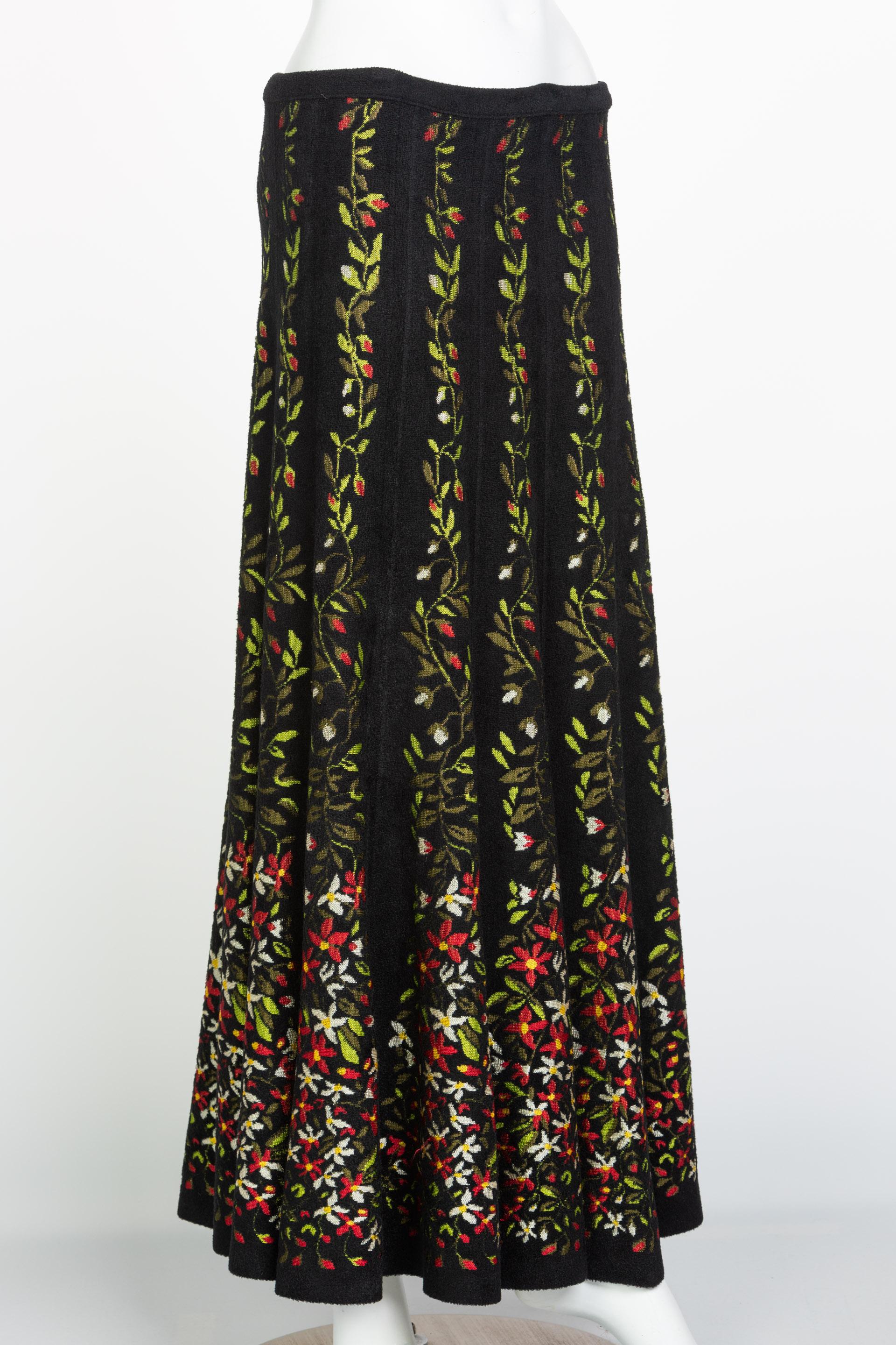 Black Vintage Azzedine Alaïa Balck Floral Chenille Maxi Skirt Documented Fall 2000 For Sale
