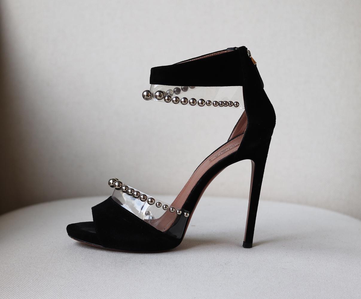 Azzedine Alaïa beaded sandals have been crafted in Italy from black suede and finished with silver-tone bead embellished PVC straps that mimic the label's signature laser-cut patterns. 
Heel measures approximately 110 mm/ 4.5 inches.
Black