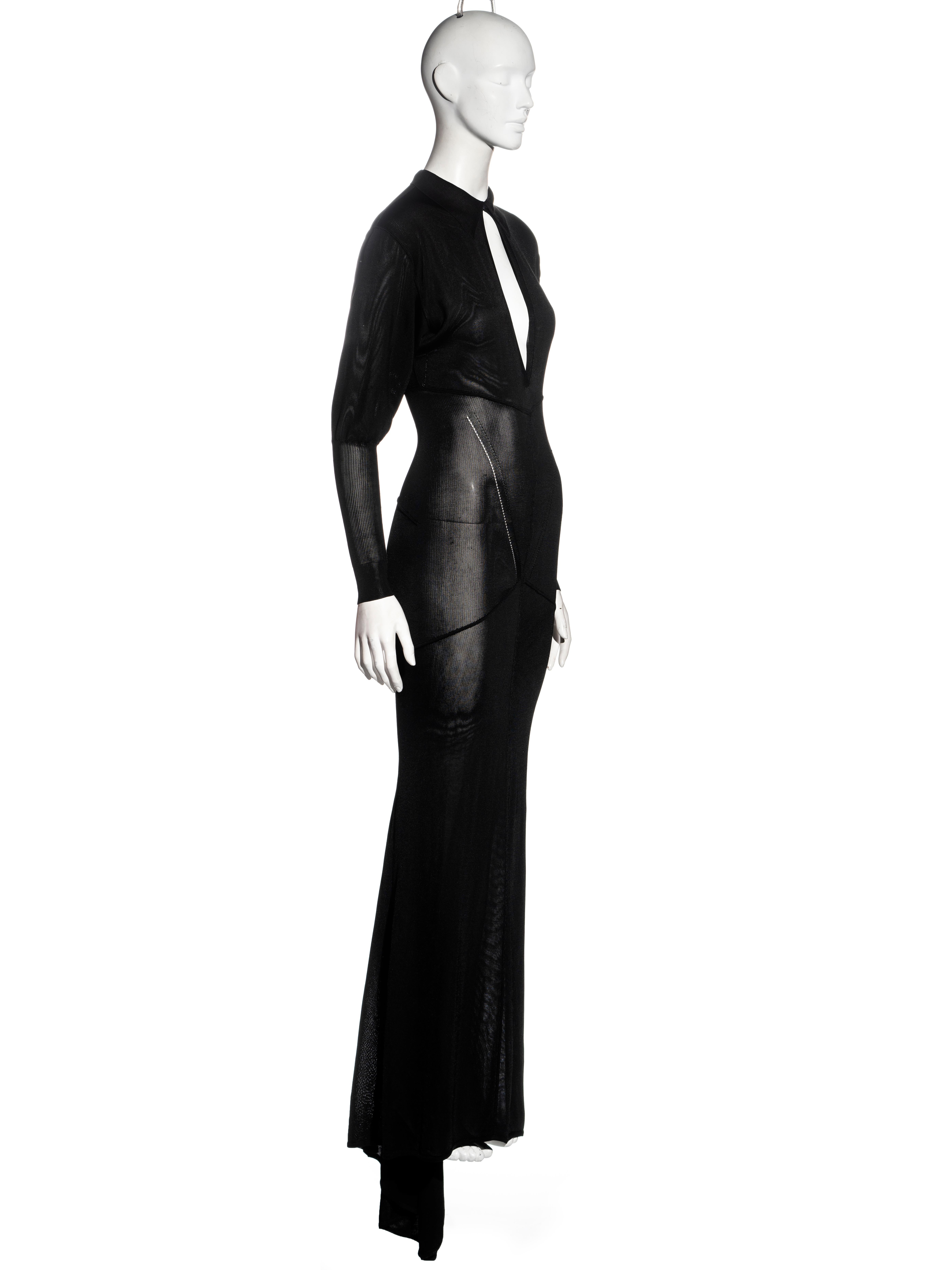 Azzedine Alaia black acetate knit evening dress with train, fw 1986 In Good Condition For Sale In London, GB