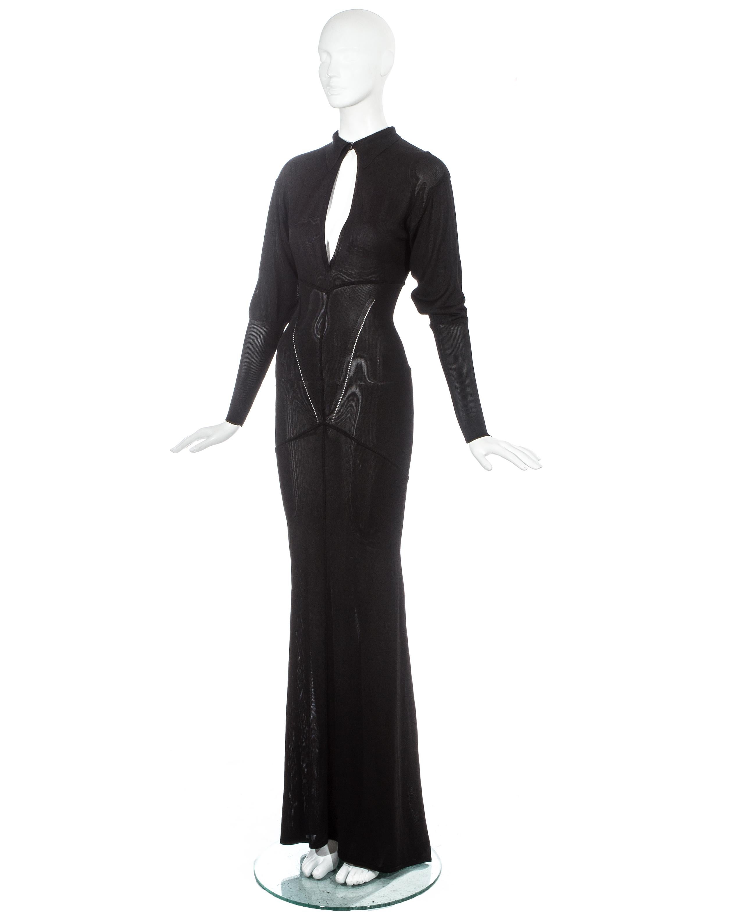 Azzedine Alaia black acetate knit evening maxi dress with train, fw 1986 In Good Condition For Sale In London, London