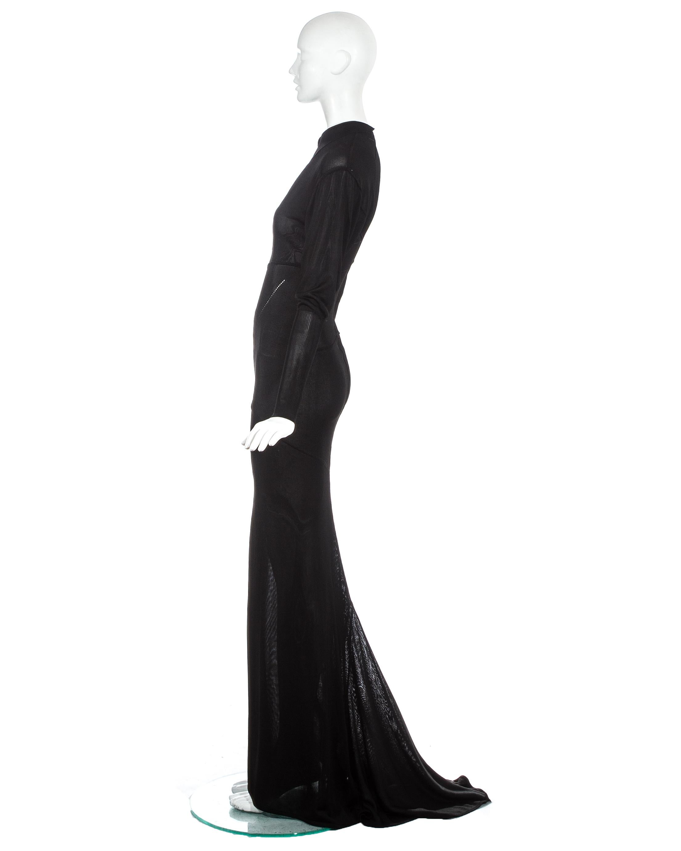 Women's Azzedine Alaia black acetate knit evening maxi dress with train, fw 1986 For Sale