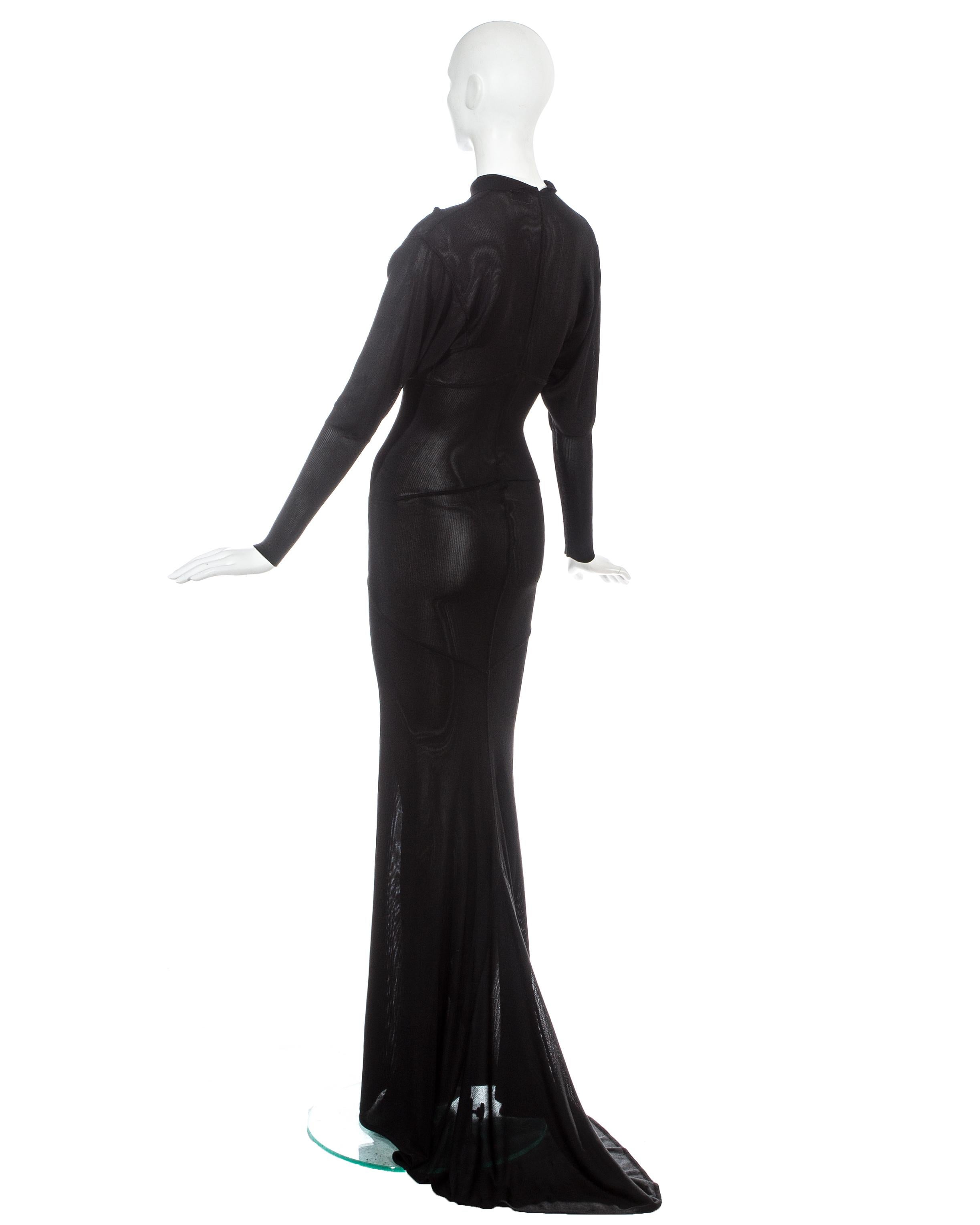 Azzedine Alaia black acetate knit evening maxi dress with train, fw 1986 For Sale 1