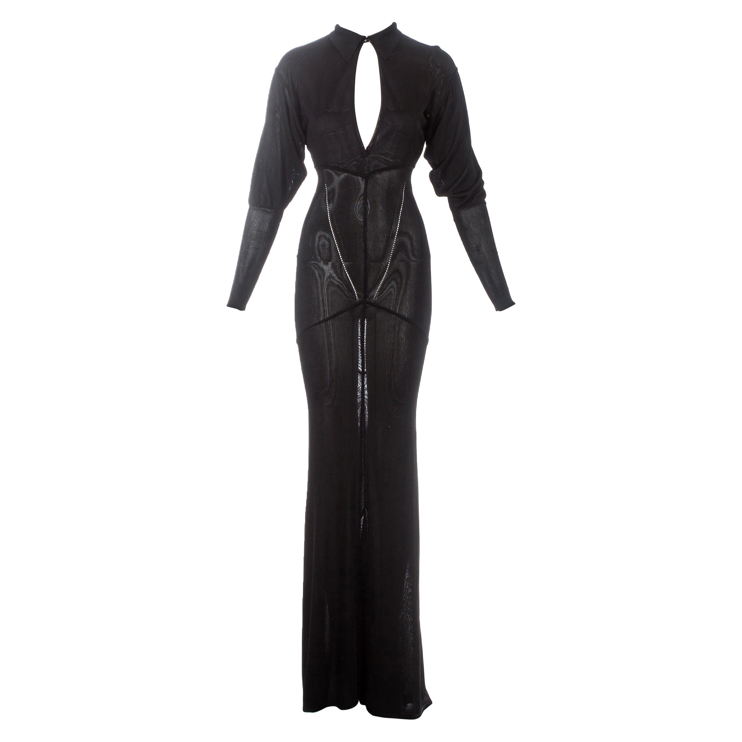 Azzedine Alaia black acetate knit evening maxi dress with train, fw ...