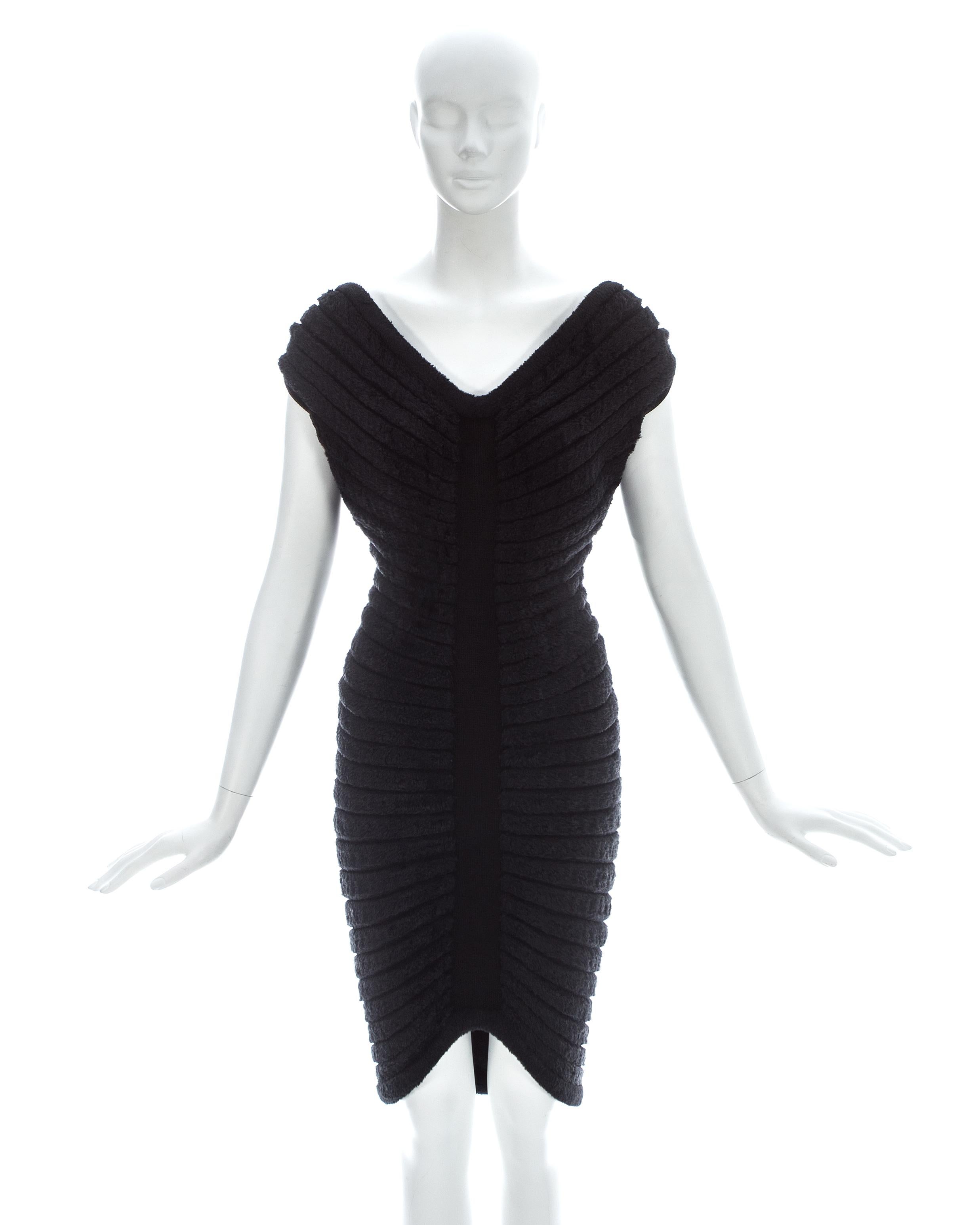 Azzedine Alaia; Black chenille-knitted figure-hugging 'Houpette' dress with radiating concentric chenille bands

Spring-Summer 1994