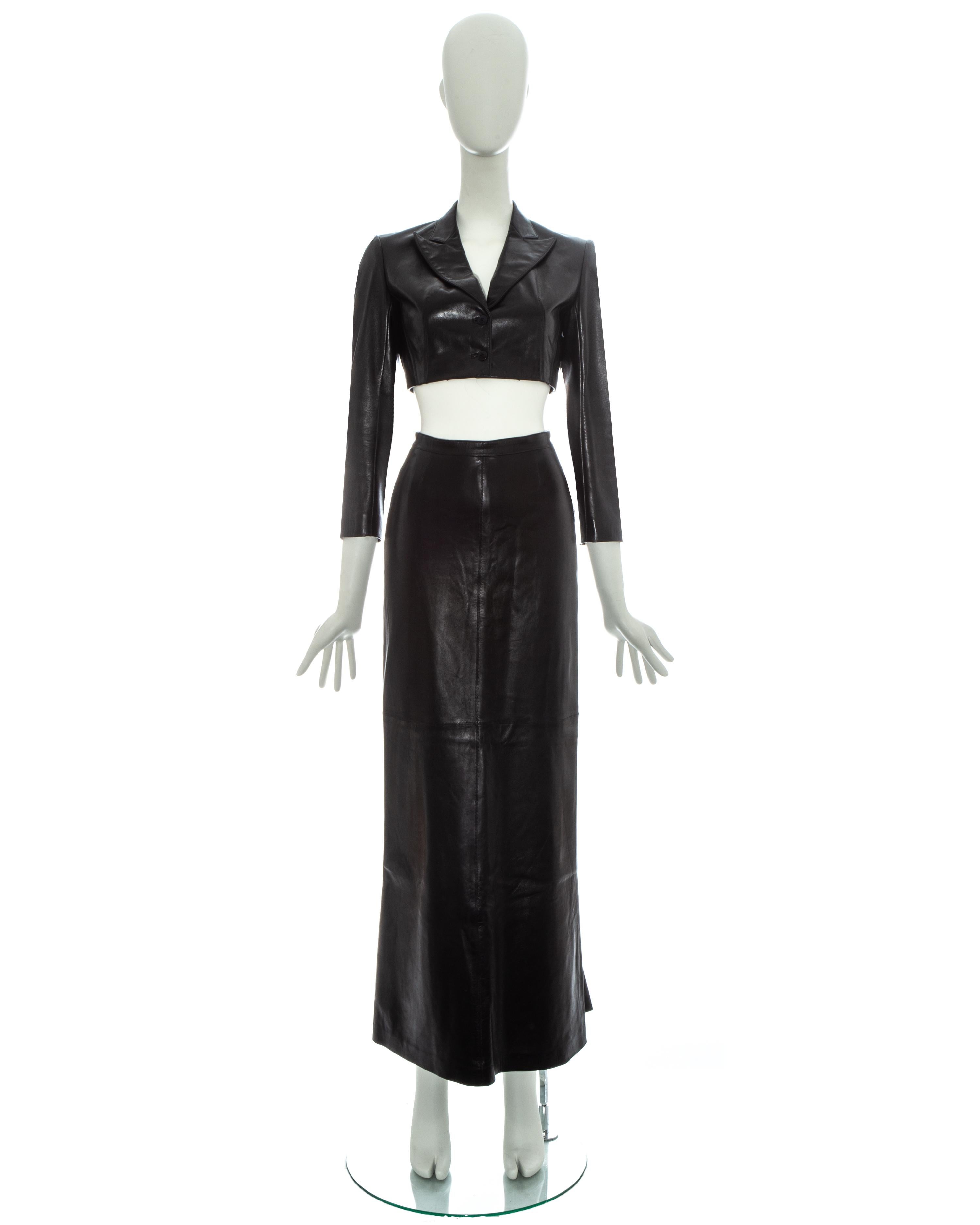 Azzedine Alaia black leather cropped structured blazer jacket with matching fishtail maxi skirt

Spring-Summer 1992

