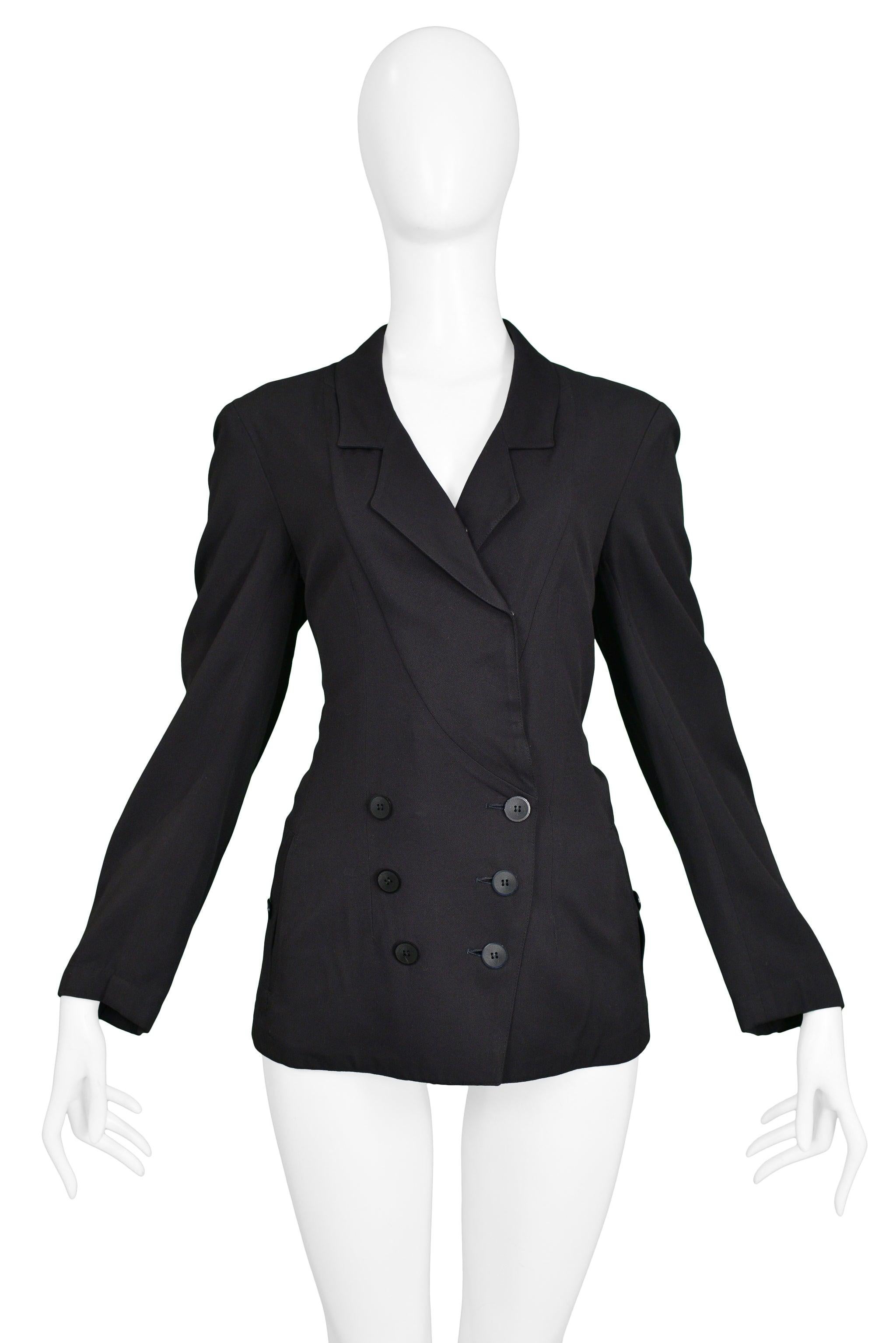 Resurrection Vintage is excited to offer a vintage Alaia black double-breasted lightweight blazer with black buttons, notch collar, slim sleeves, and fitted body.

Alaia Label
Size 38
Woven Fabric - Feels like Rayon
Excellent Vintage