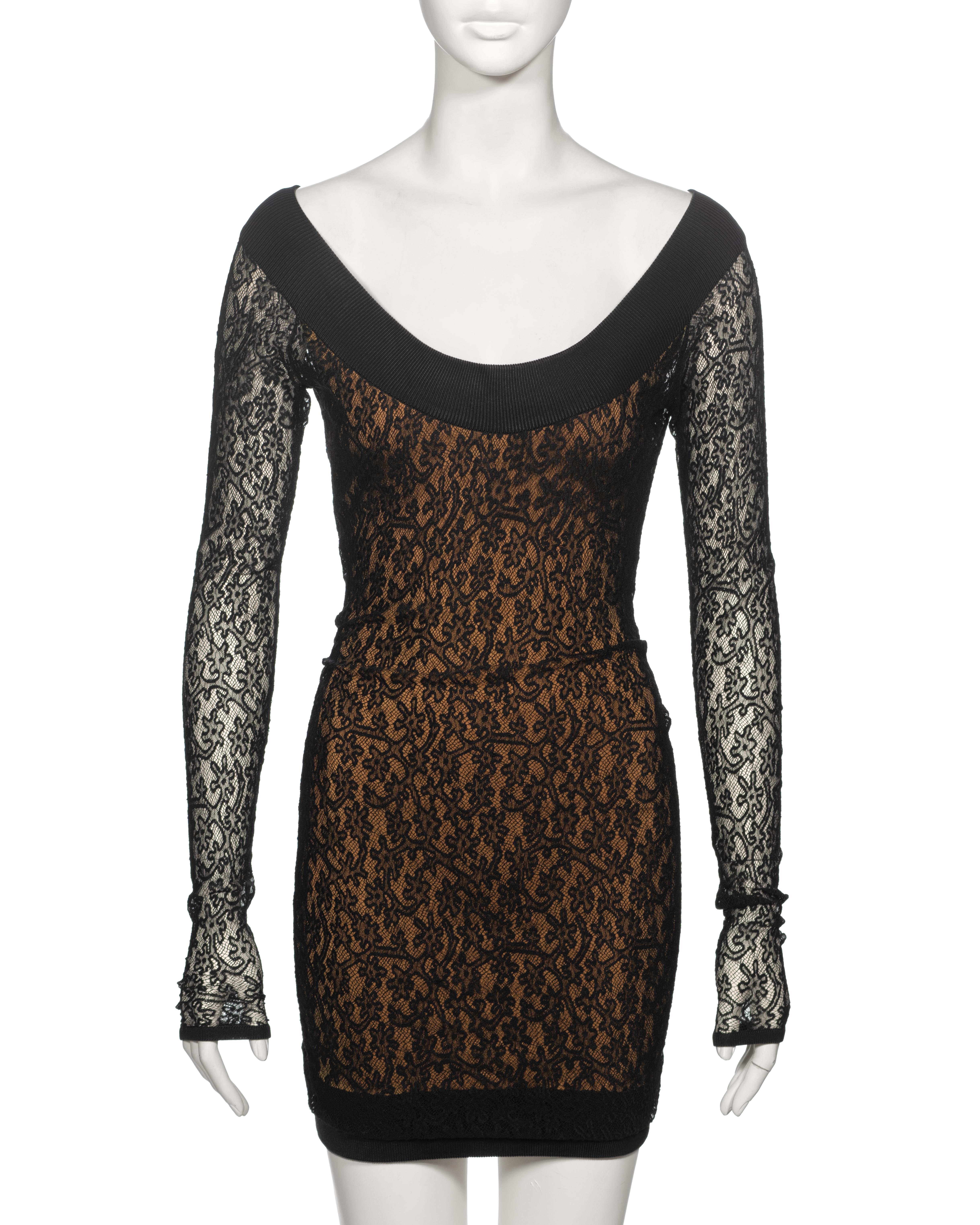 Azzedine Alaia Black Floral Stretch Lace Mini Dress, fw 1990 In Good Condition For Sale In London, GB