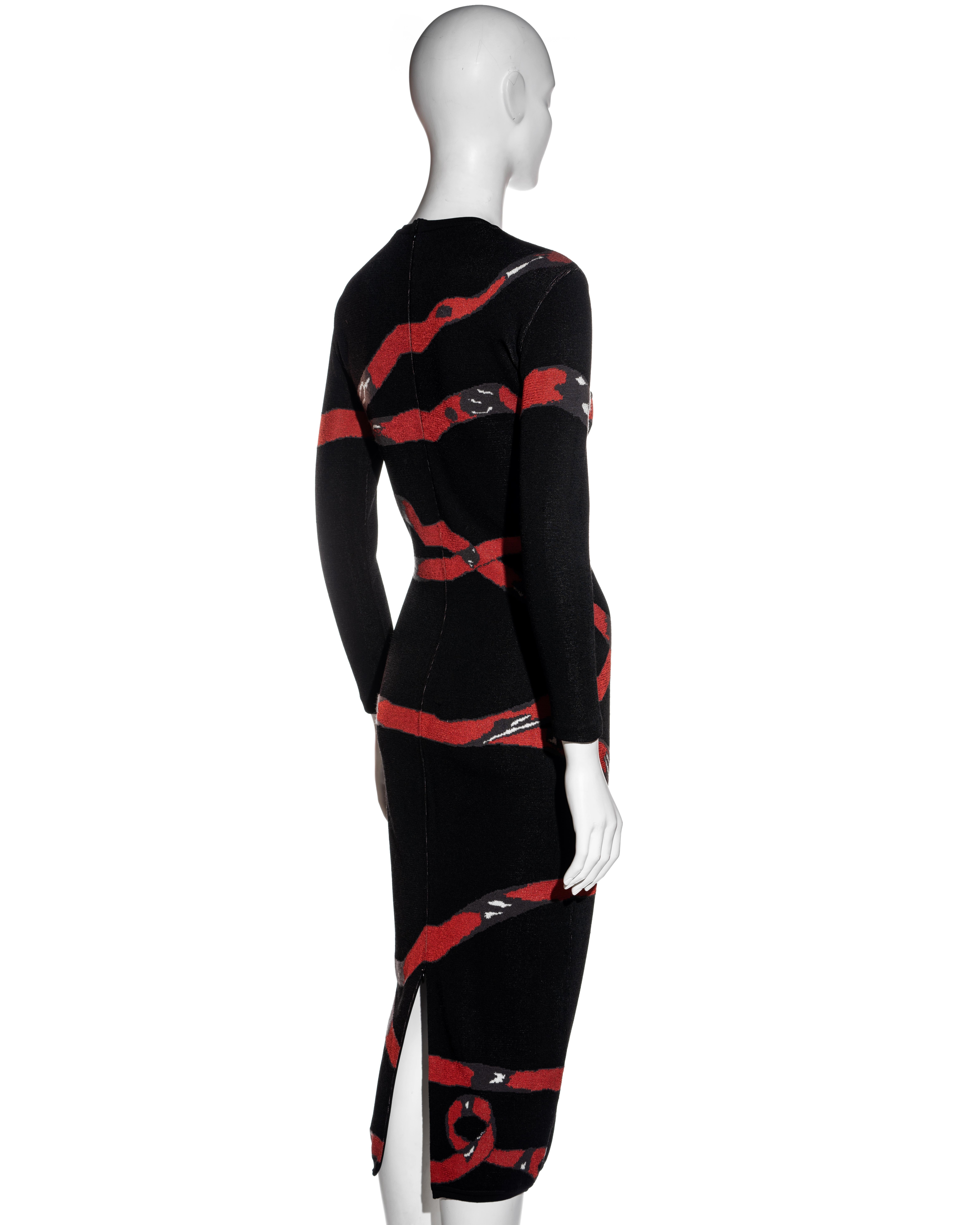Women's Azzedine Alaia black knitted bodycon dress with red ribbon graphic, fw 1992 For Sale