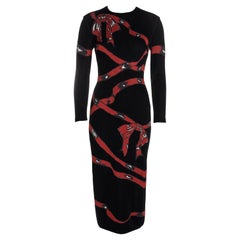 Retro Azzedine Alaia black knitted bodycon dress with red ribbon graphic, fw 1992
