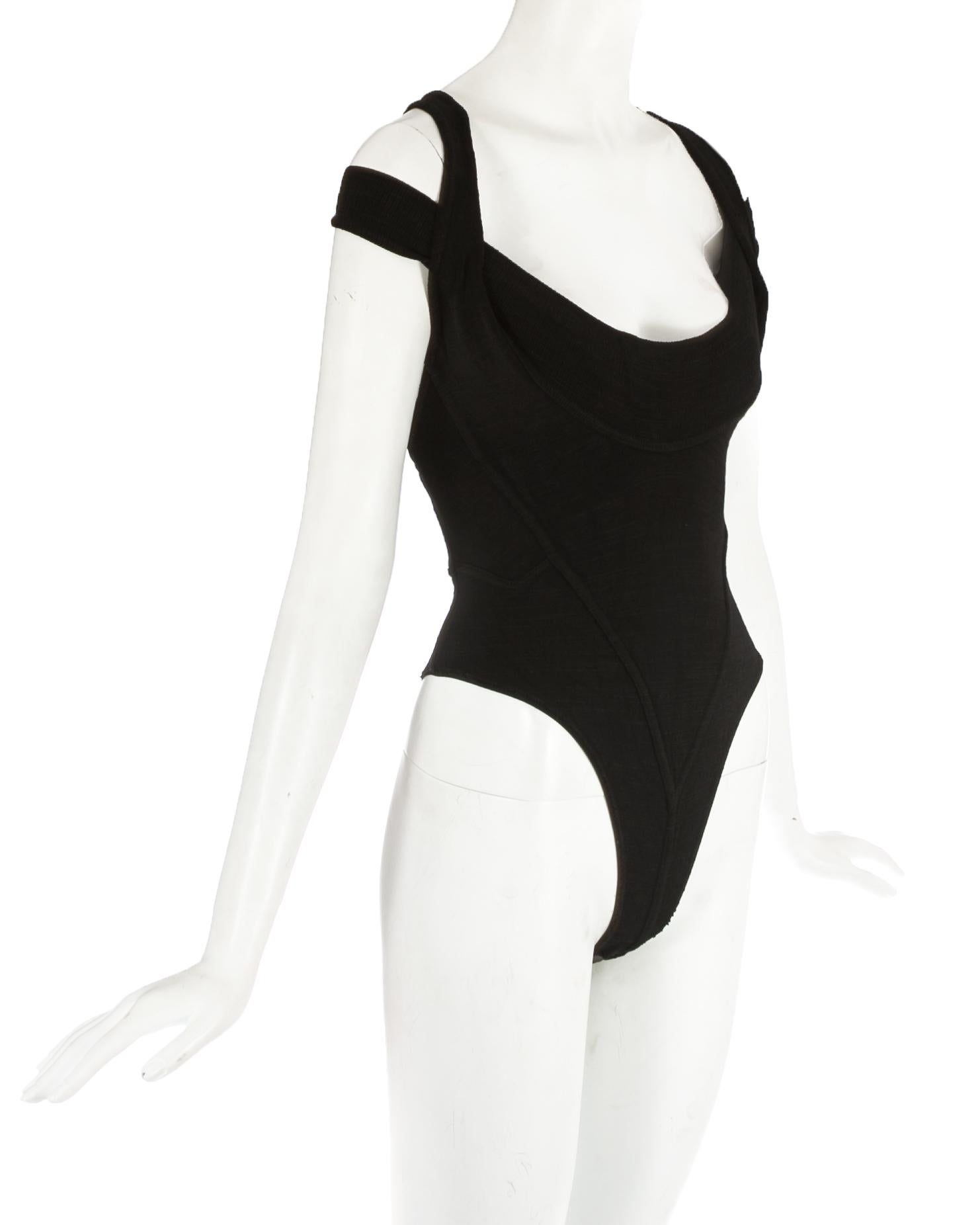Azzedine Alaia black knitted off the shoulder bodysuit, ss 1991 In Good Condition For Sale In London, London