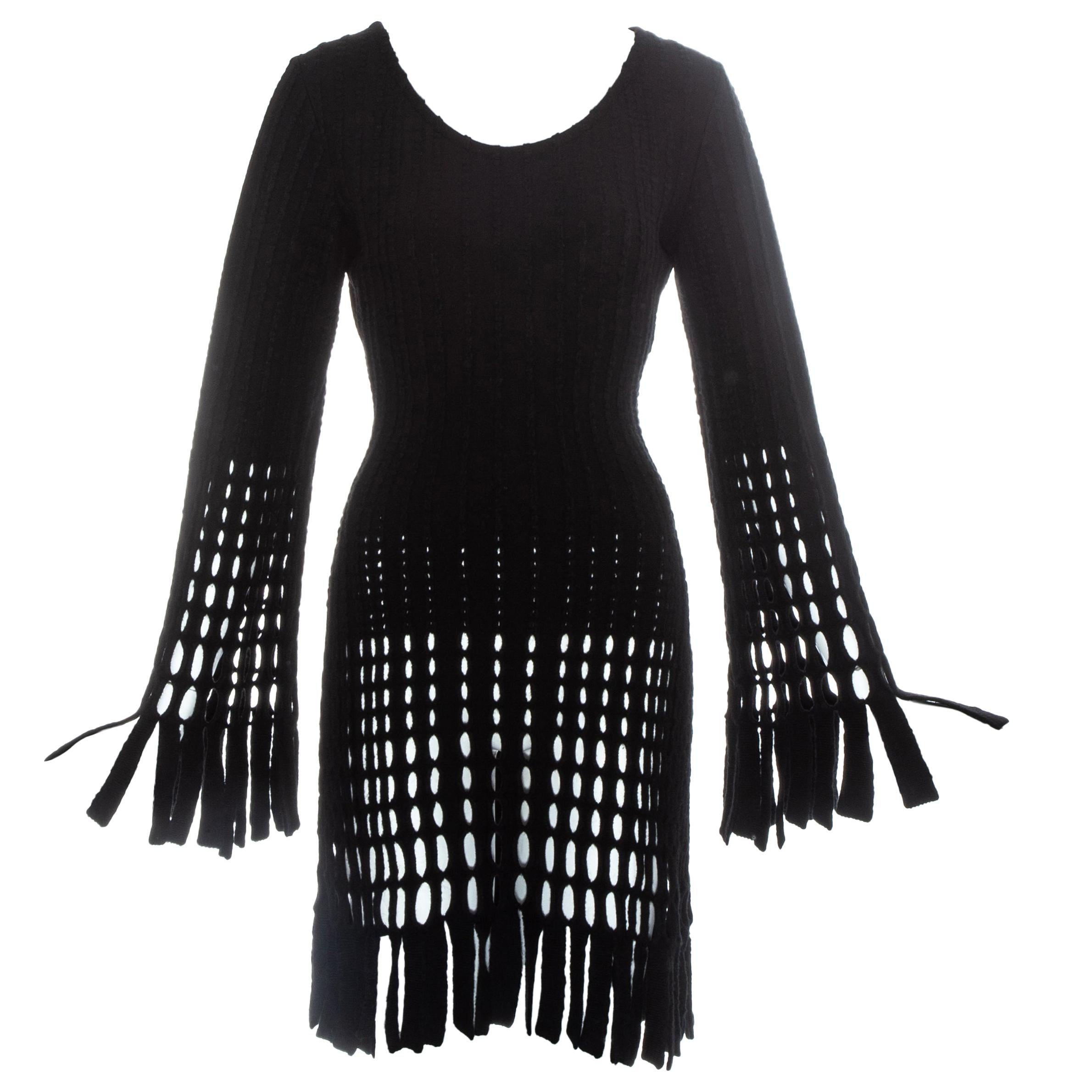 Azzedine Alaia black laser cut boiled wool fringed tunic, fw 1993 For Sale