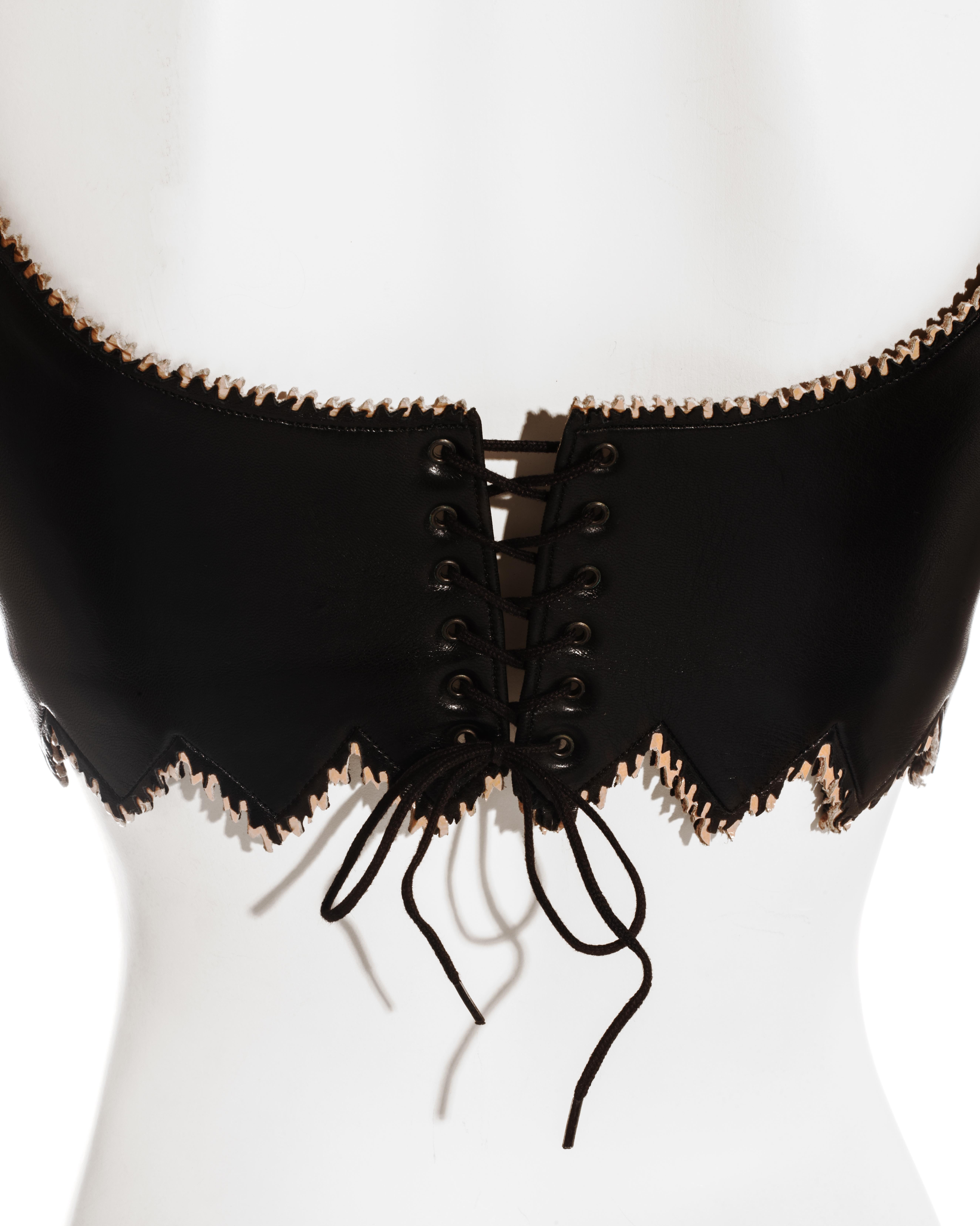 Black Azzedine Alaia black laser-cut leather corset bra, fw 1994 For Sale