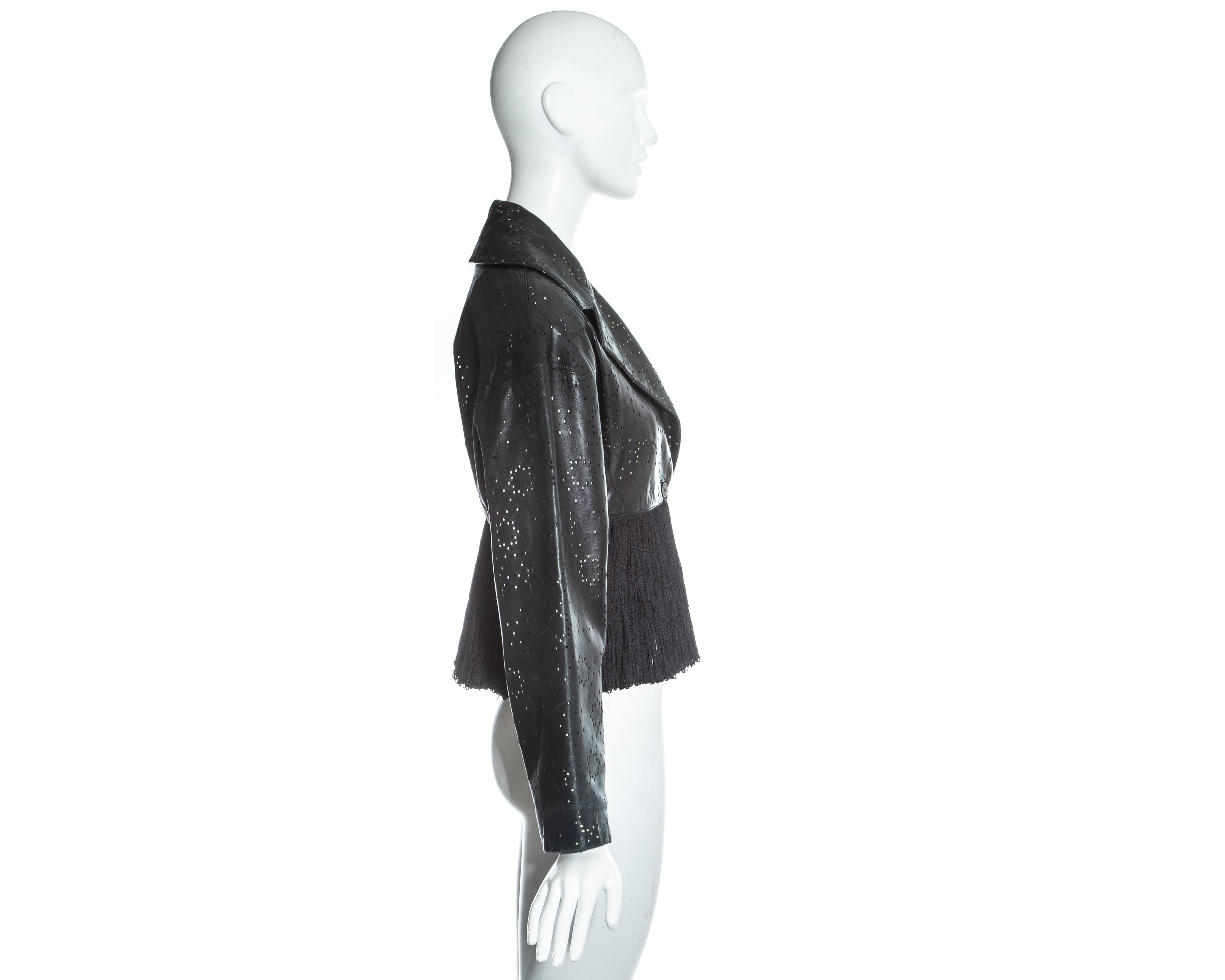 Black Azzedine Alaia black laser cut leather fringed jacket, ss 1988 For Sale