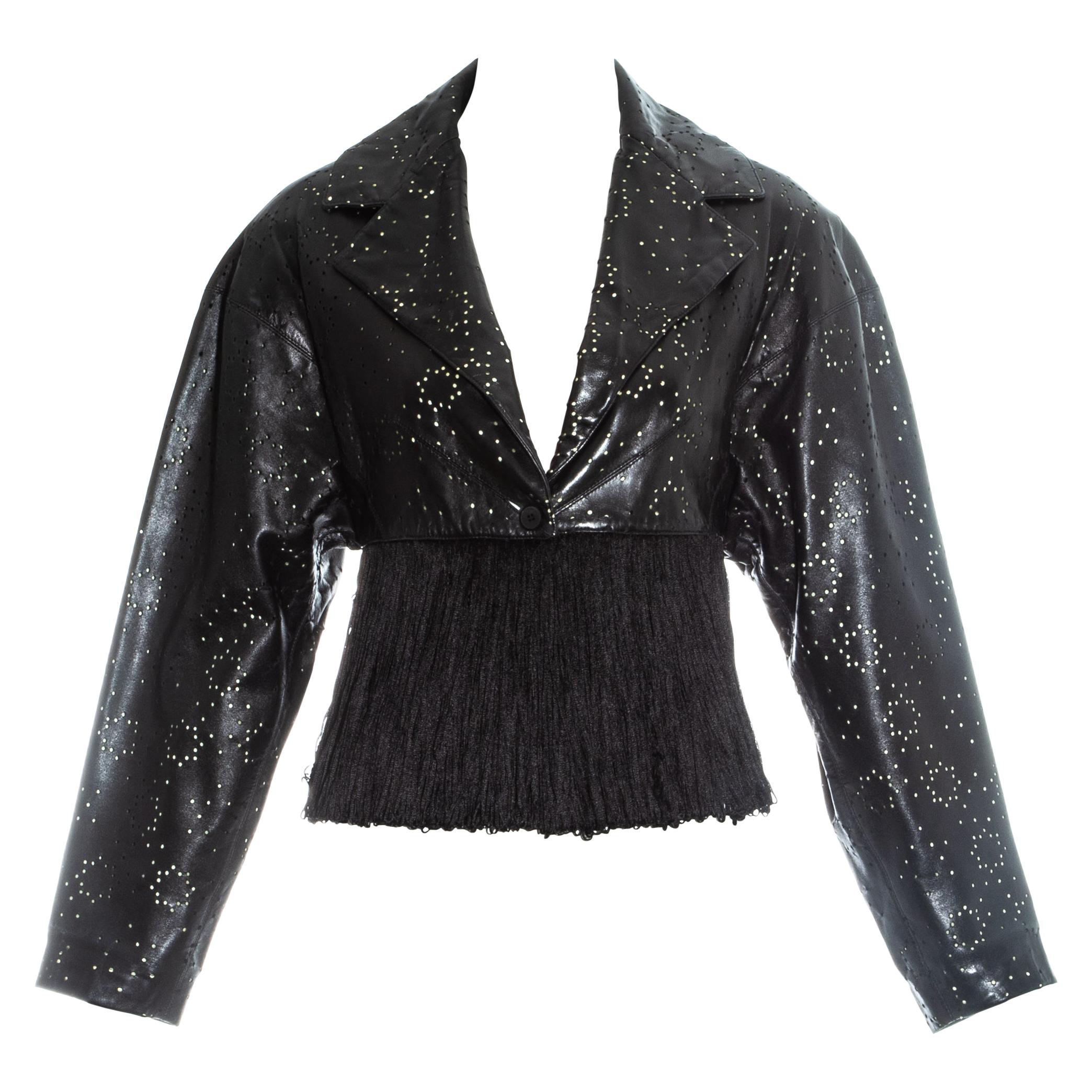 Azzedine Alaia black laser cut leather fringed jacket, ss 1988 For Sale