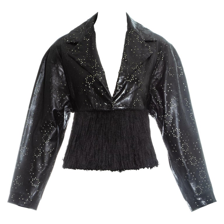 Azzedine Alaia black laser cut leather fringed jacket, ss 1988 For Sale ...