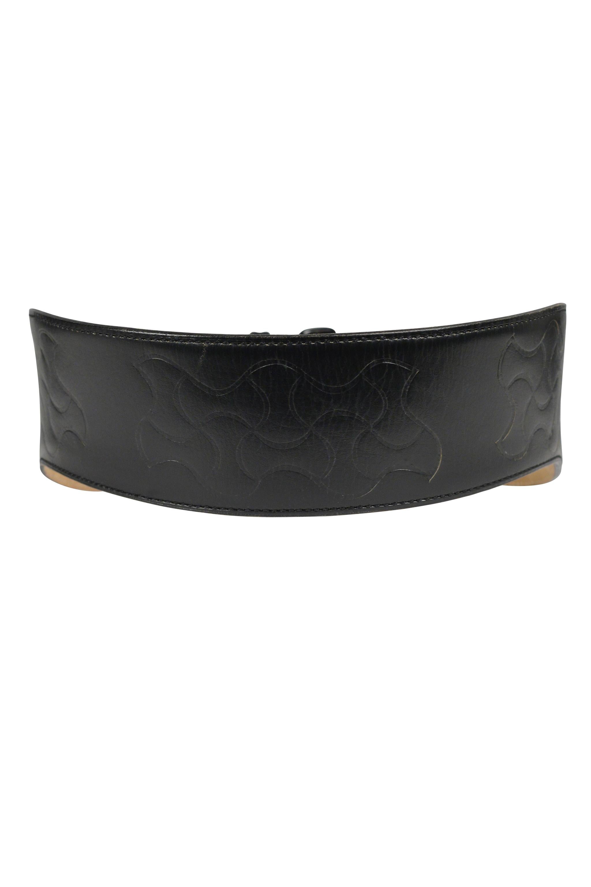 Women's Azzedine Alaia Black Leather Curve Belt With Embossed Details And Brass Buckle