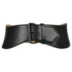 Azzedine Alaia Black Leather Curve Belt With Embossed Details And Brass Buckle