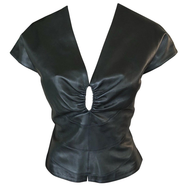 Azzedine Alaia Black Leather Cutout Top For Sale
