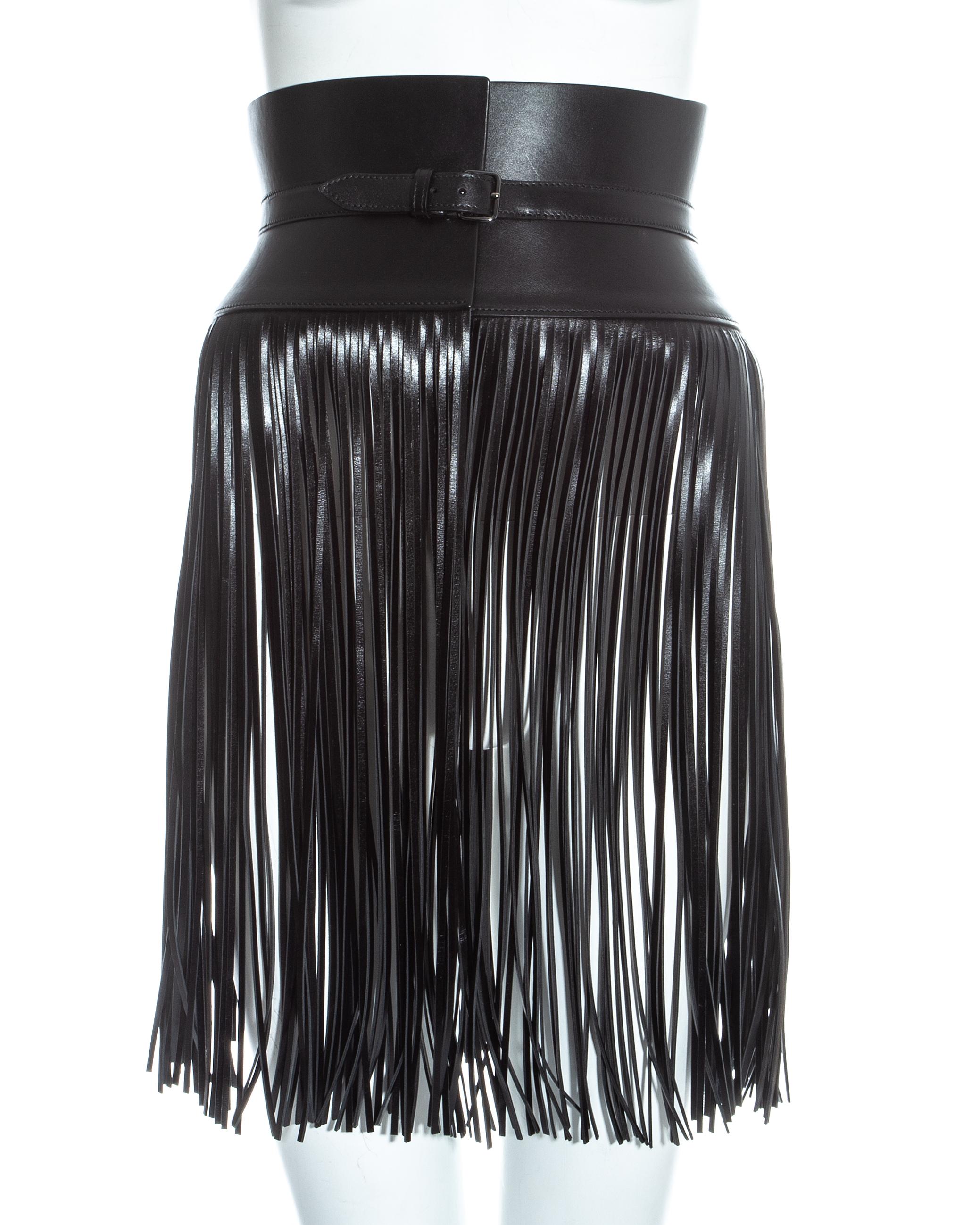 Azzedine Alaia black leather wide corset belt with laser cut fringed trim
